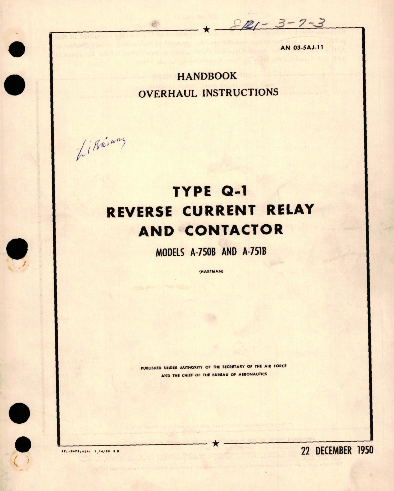 Sample page 1 from AirCorps Library document: Overhaul Instructions for Reverse Current Relay and Contactor - Type Q-1 - Models A750B, A-751B