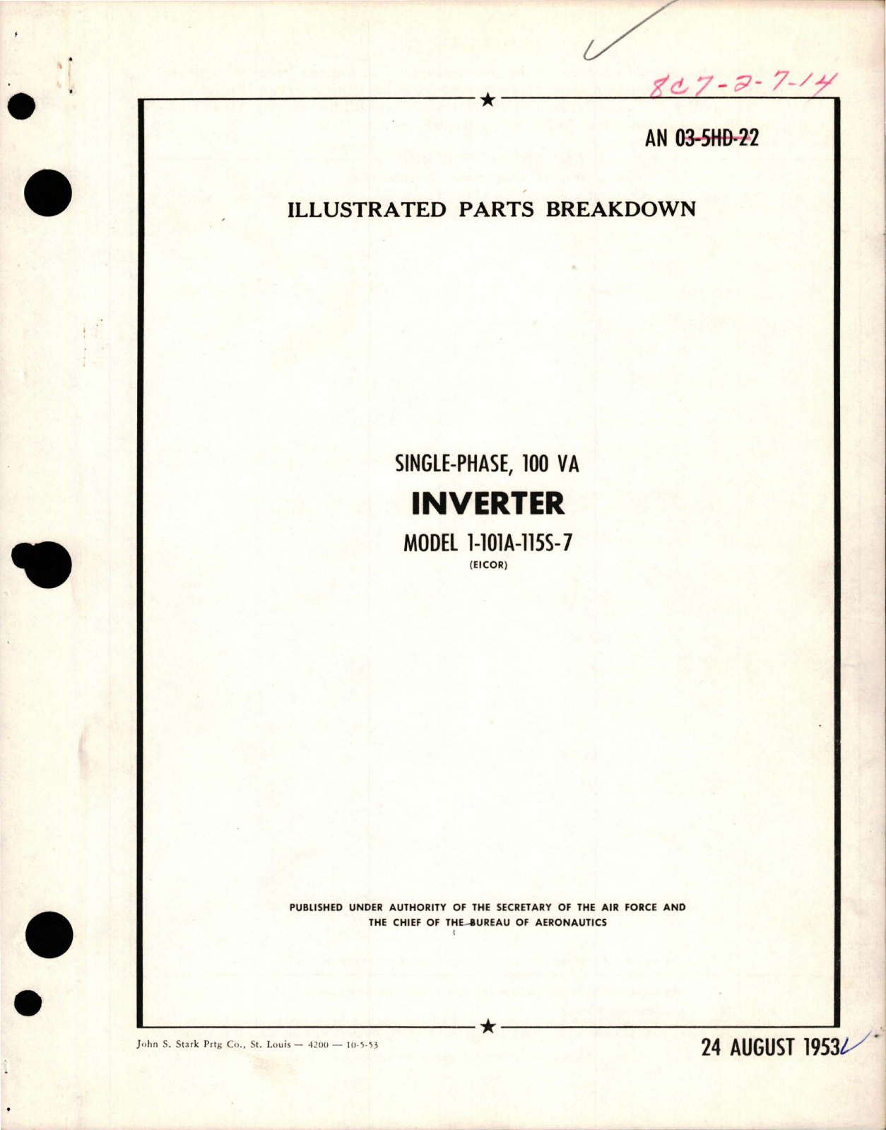 Sample page 1 from AirCorps Library document: Illustrated Parts Breakdown for Single Phase 100 VA Inverter - Model 1-101A-115S-7