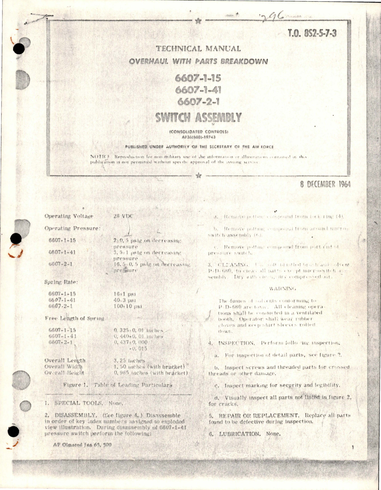 Sample page 1 from AirCorps Library document: Overhaul with Parts Breakdown for Switch Assembly - Parts 6607-1-15, 6607-1-41, and 6607-2-1