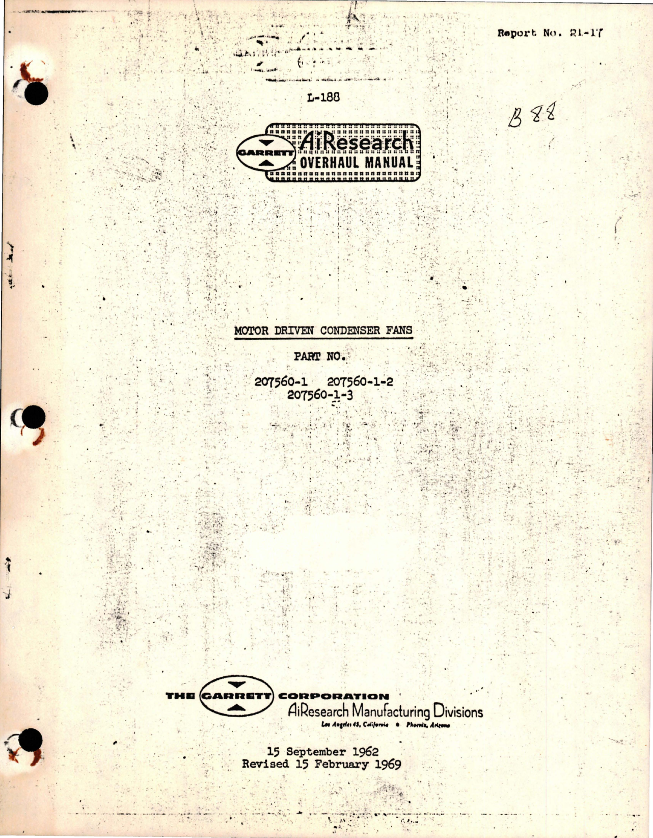 Sample page 1 from AirCorps Library document: Overhaul Manual for Motor Driven Condenser Fans - Parts 207560-1, 207560-1-2, and 207560-1-3