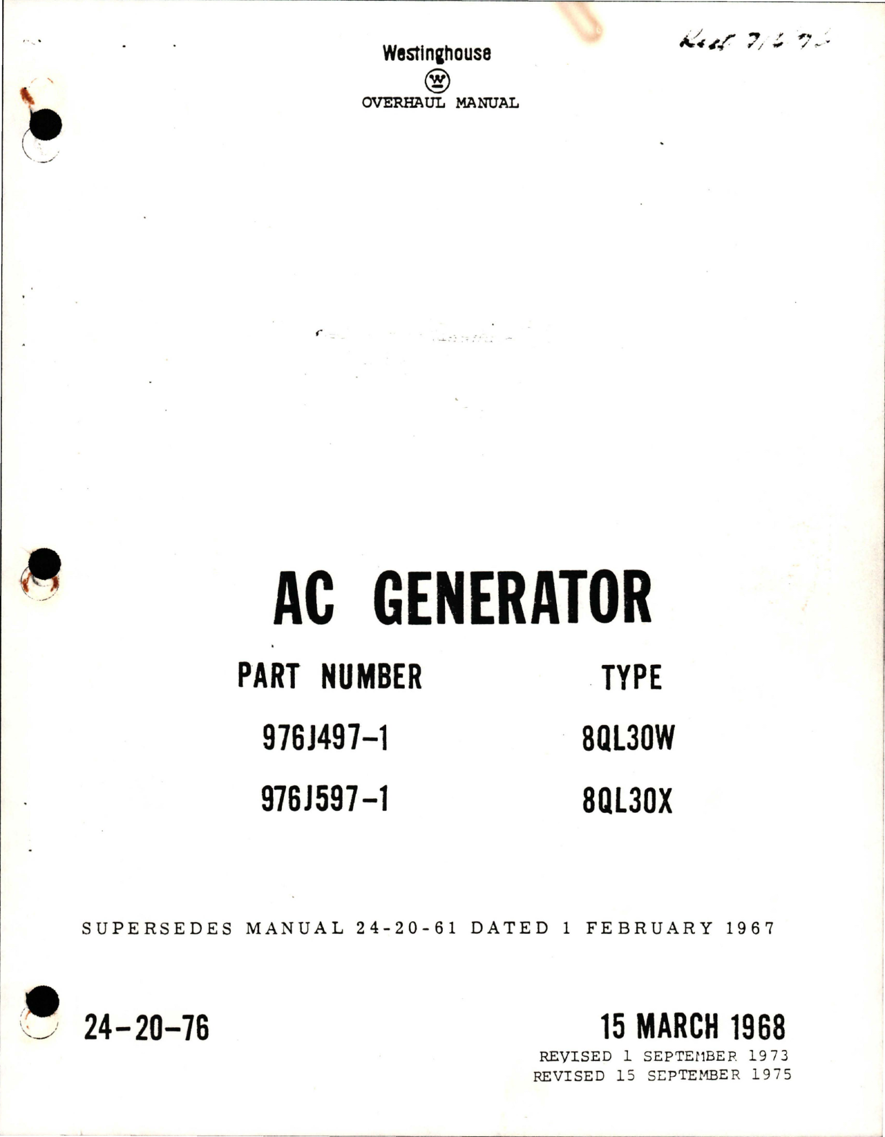 Sample page 1 from AirCorps Library document: Overhaul Manual for AC Generator - Parts 976J497-1 and 976J597-1 - Types 8QL30W and 8QL30X