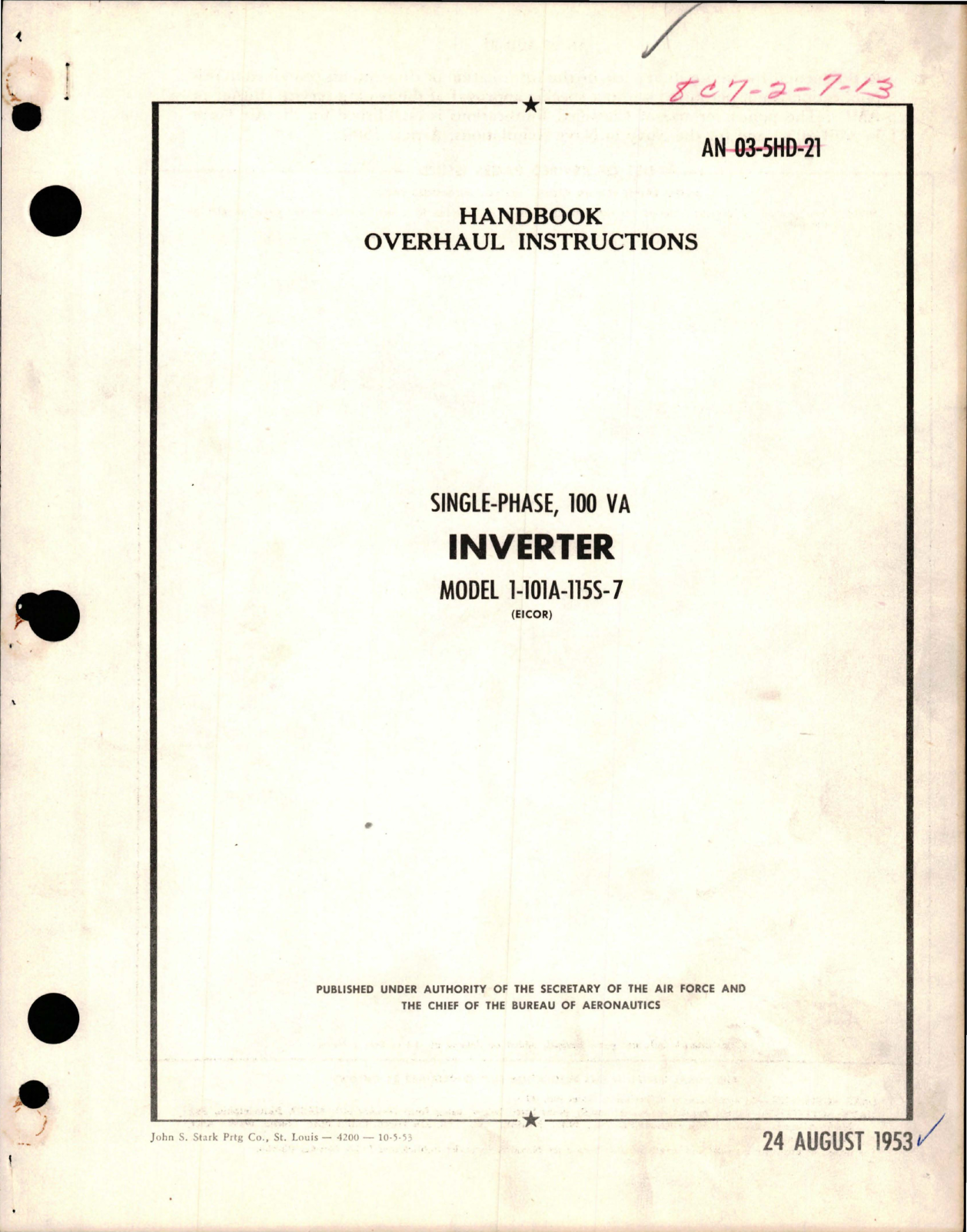 Sample page 1 from AirCorps Library document: Overhaul Instructions for Single Phase 100 VA Inverter - Model 1-101A-115S-7