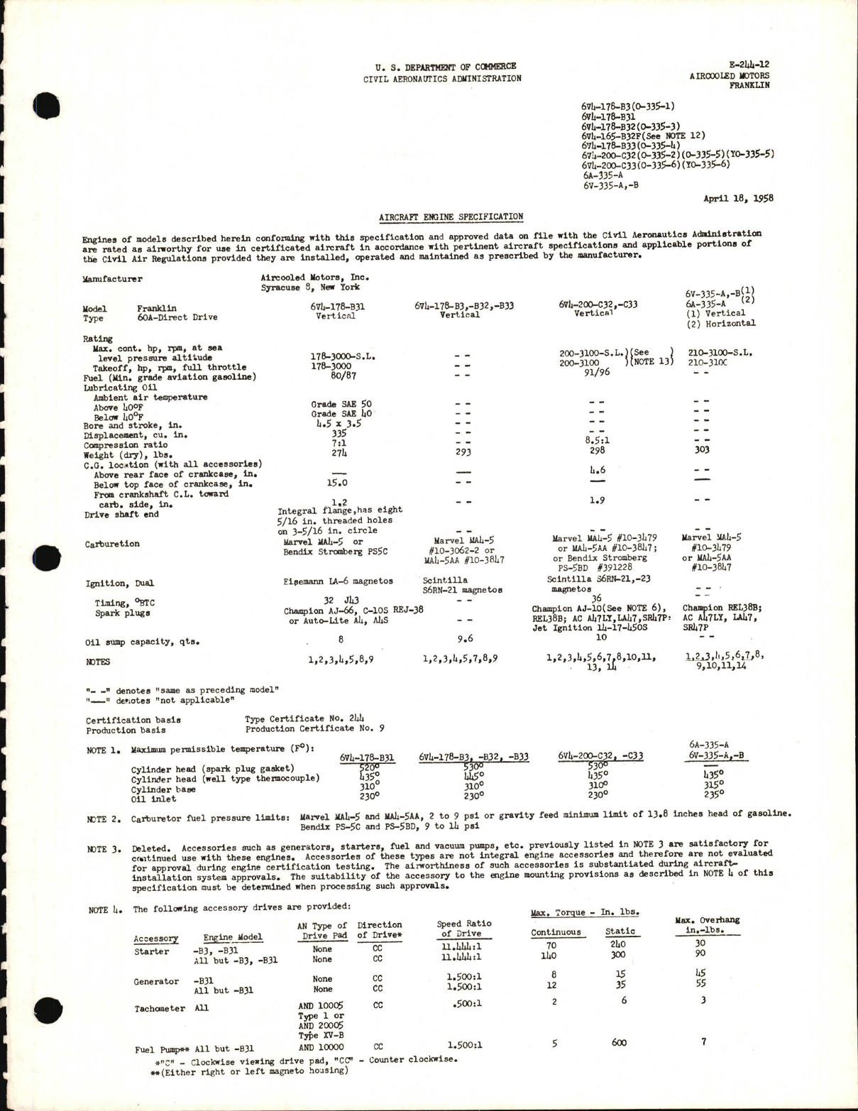 Sample page 1 from AirCorps Library document: 6V4-176, -178, -165, -200, 6V-335, O-335, and YO-335 Air Cooled Motors