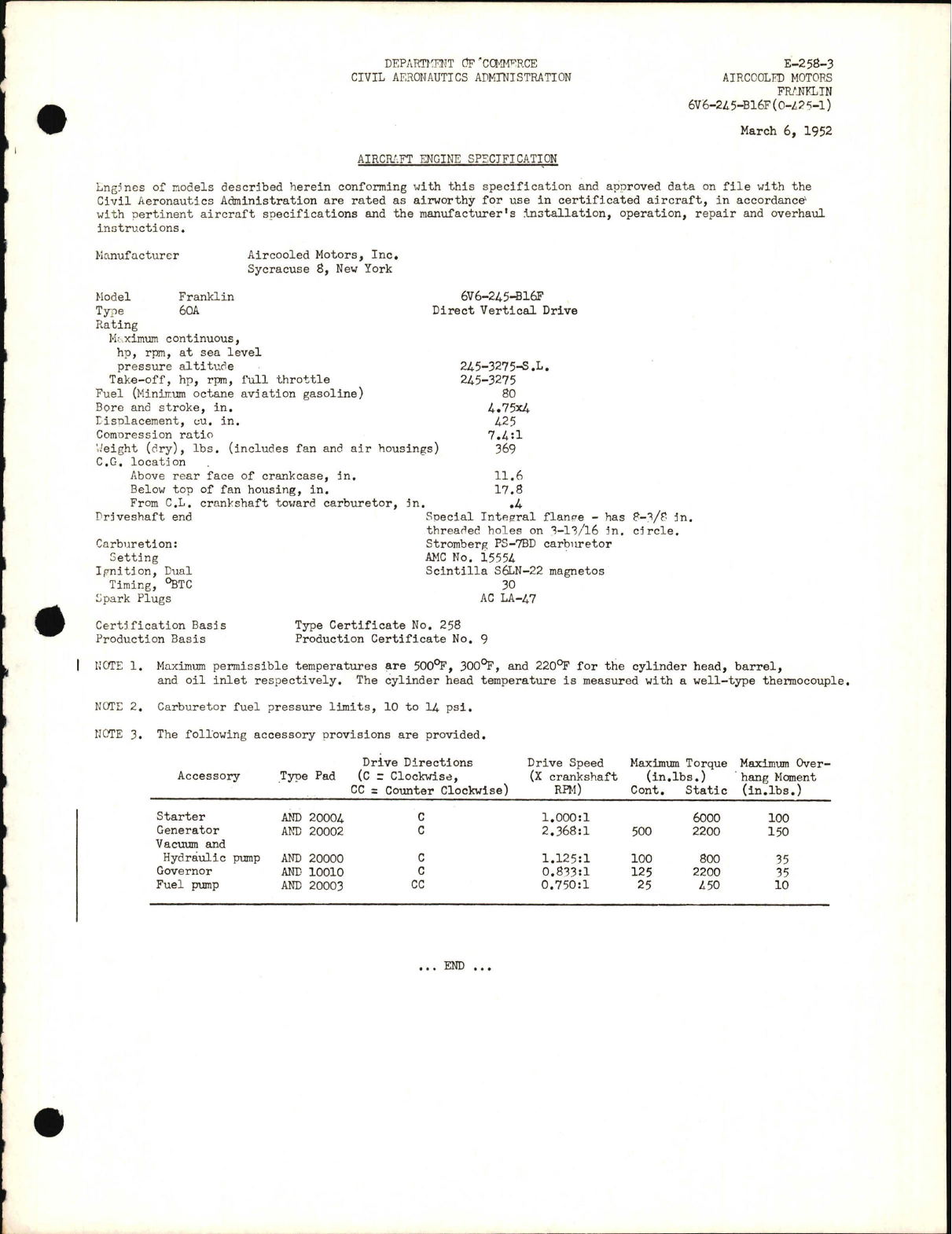 Sample page 1 from AirCorps Library document: 6V6-245-B16F and O-425-1 Air Cooled Motors