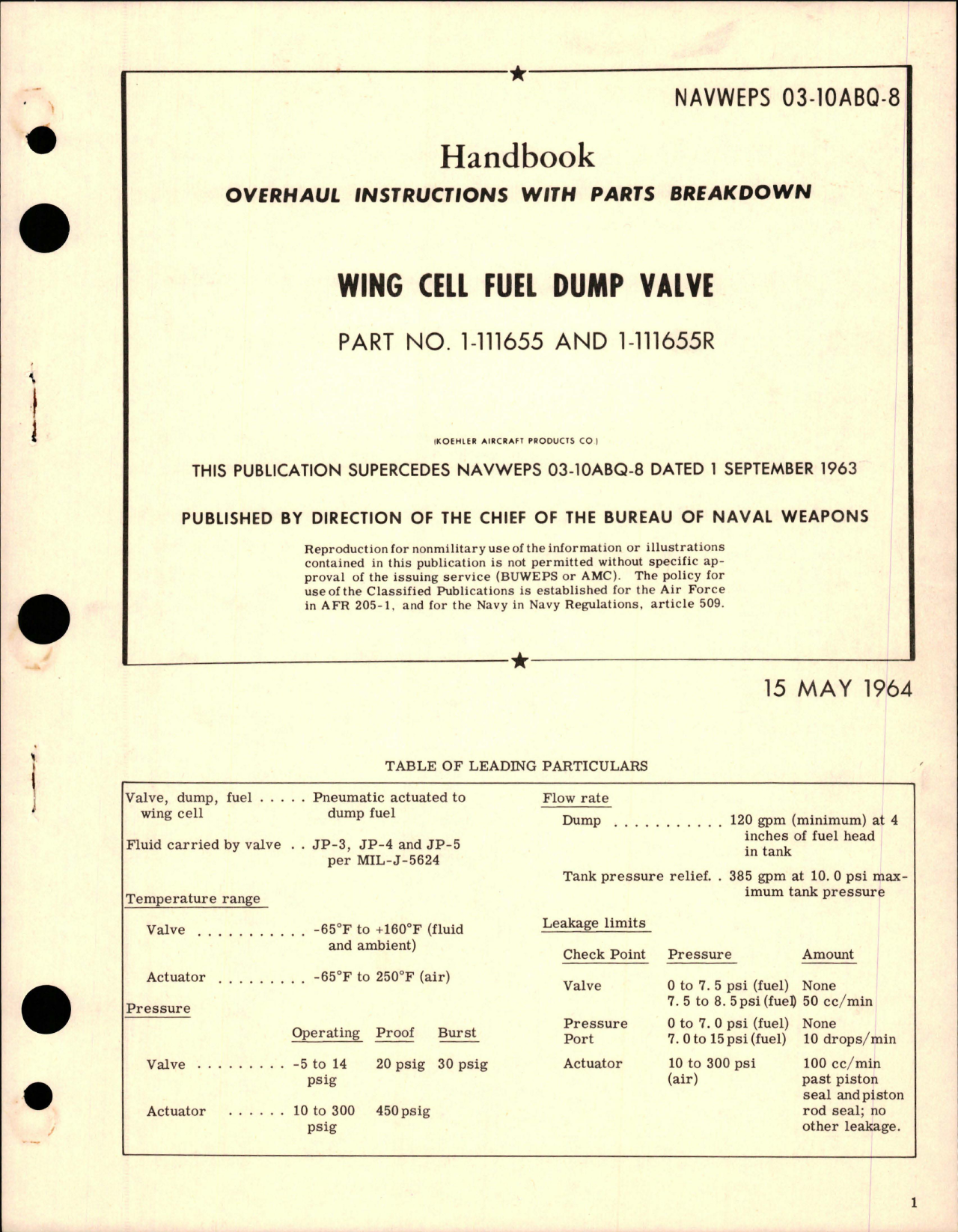 Sample page 1 from AirCorps Library document: Overhaul Instructions with Parts Breakdown for Wing Cell Fuel Dump Valve - Parts 1-111655 and 1-111655R