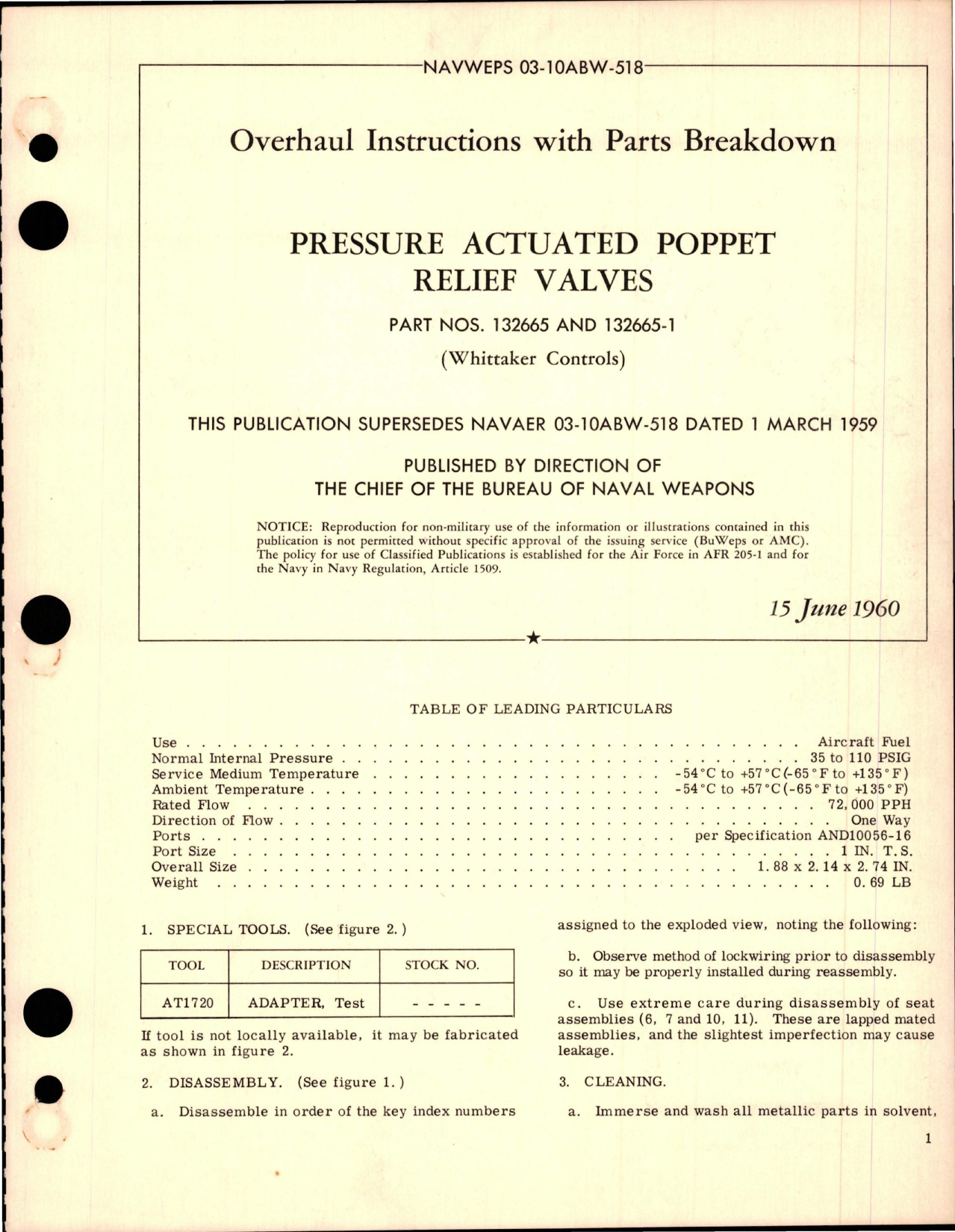 Sample page 1 from AirCorps Library document: Overhaul Instructions with Parts Breakdown for Pressure Actuated Poppet Relief Valves - Parts 132665 and 132665-1