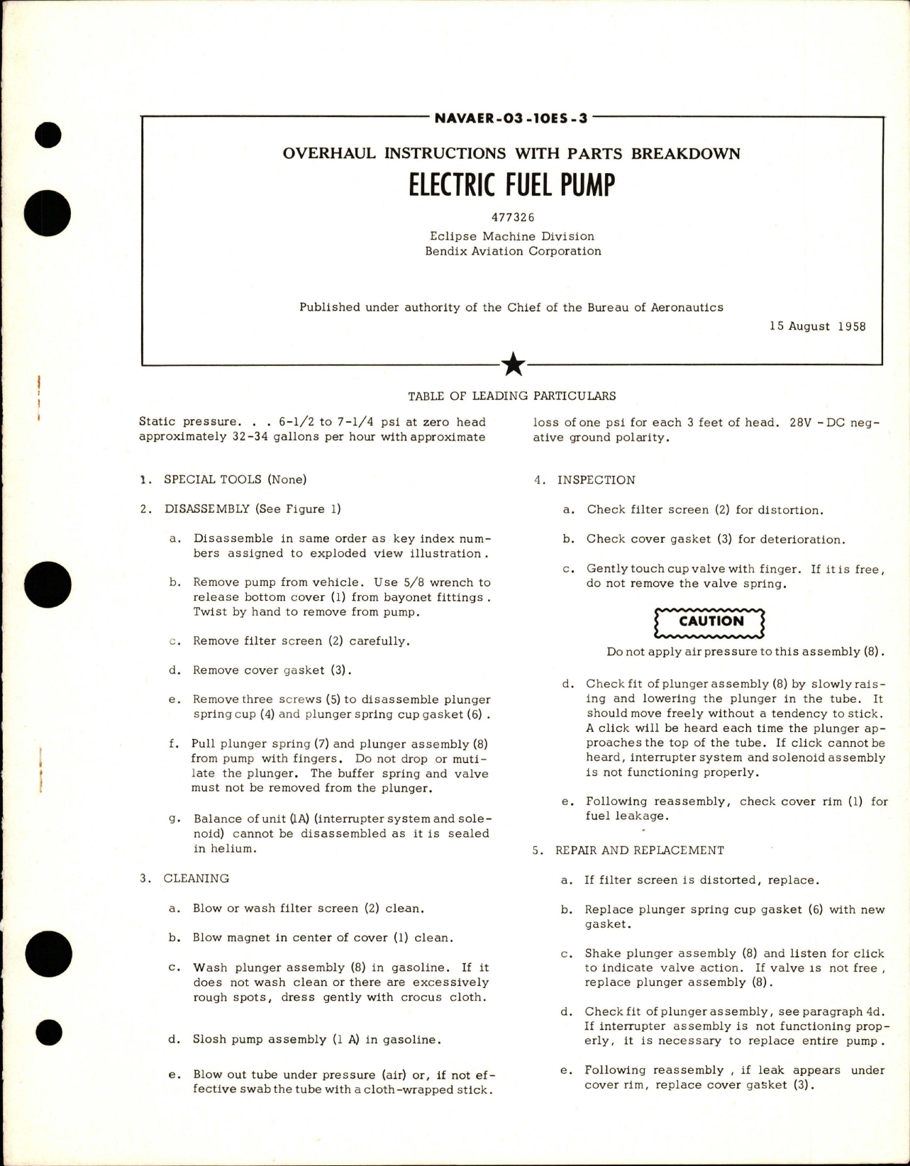 Sample page 1 from AirCorps Library document: Overhaul Instructions with Parts Breakdown for Electric Fuel Pump - 477326