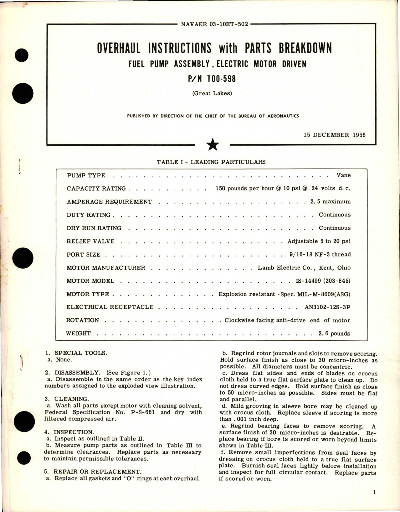 Sample page 1 from AirCorps Library document: Overhaul Instructions with Parts for Electric Motor Driven Fuel Pump Assembly - Part 100-598