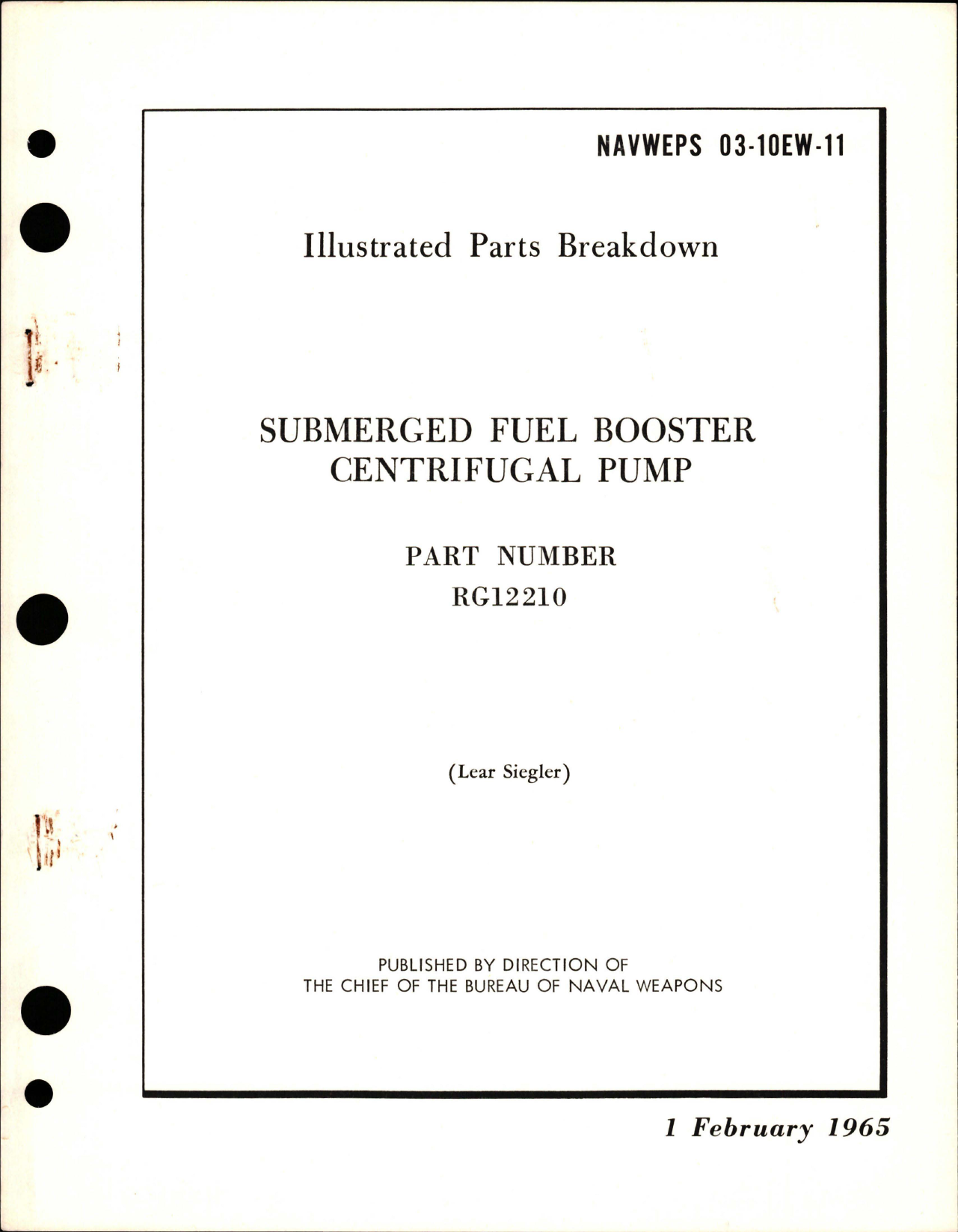 Sample page 1 from AirCorps Library document: Illustrated Parts Breakdown for Submerged Fuel Booster Centrifugal Pump - Part RG12210