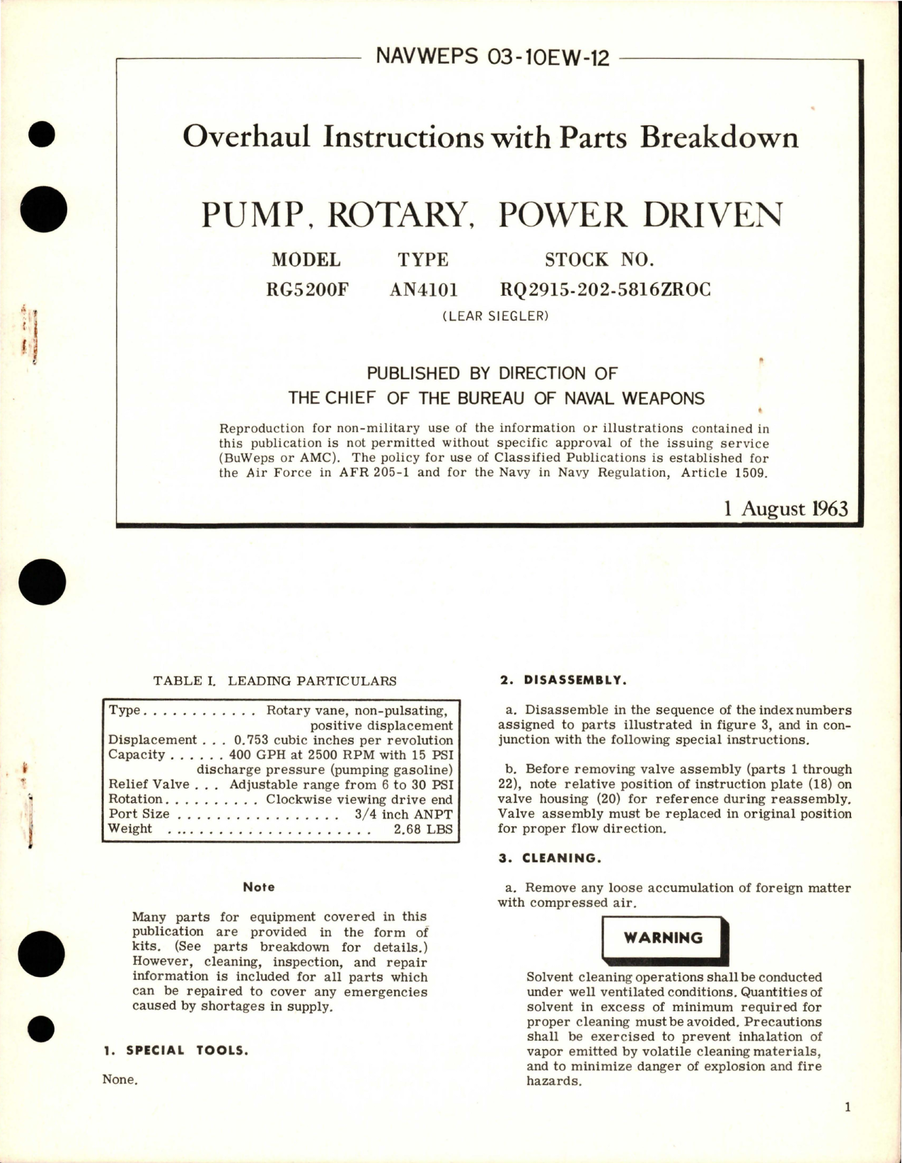 Sample page 1 from AirCorps Library document: Overhaul Instructions with Parts Breakdown for Power Driven Rotary Pump - Model RG5200F - Type AN4101 