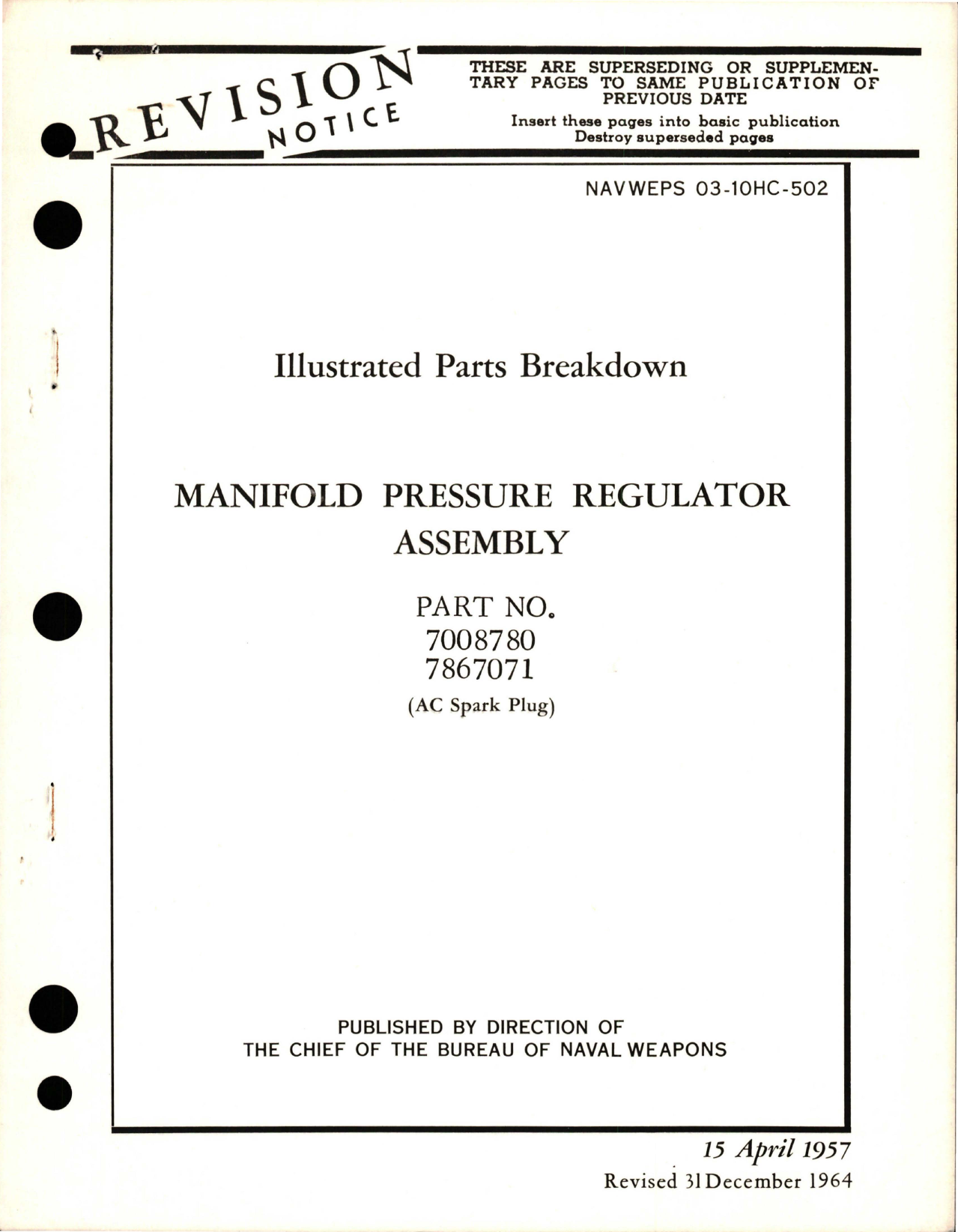 Sample page 1 from AirCorps Library document: Illustrated Parts Breakdown for Manifold Pressure Regulator Assembly - Parts 7008780 and 7867071