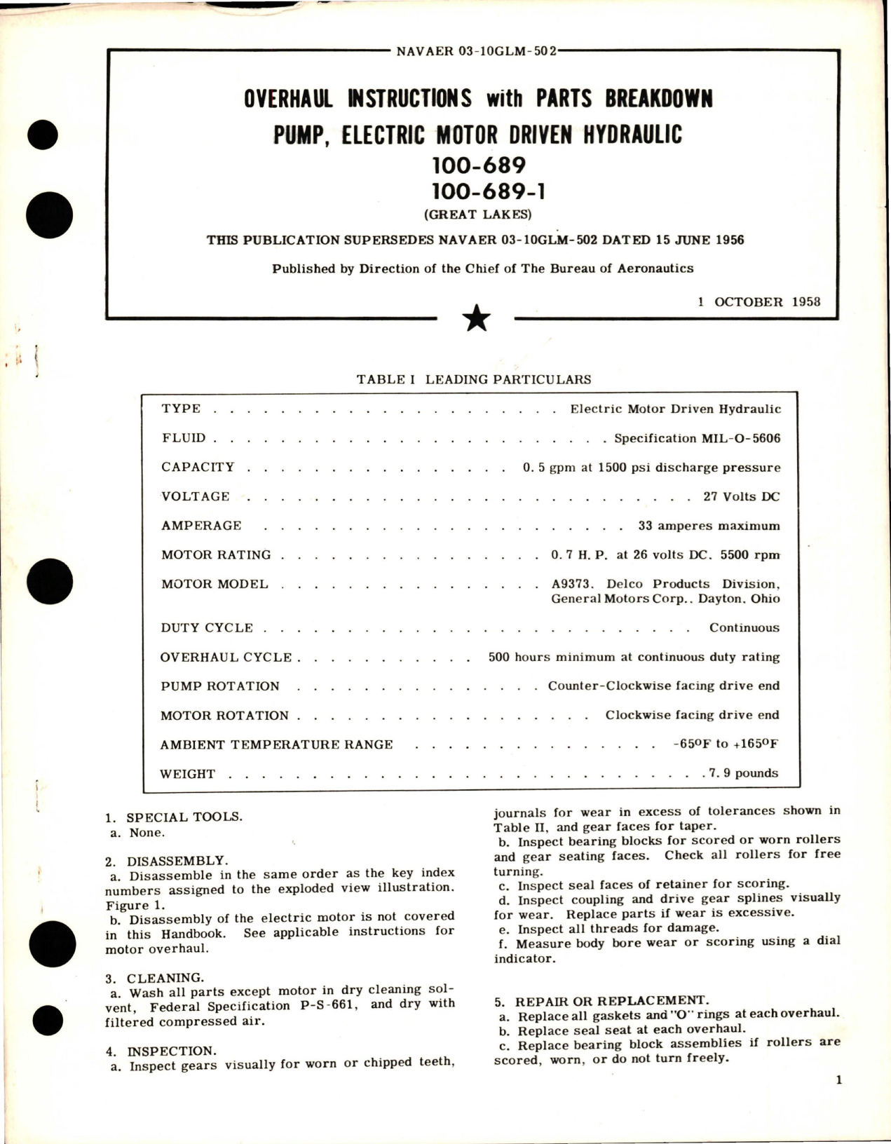 Sample page 1 from AirCorps Library document: Overhaul Instructions with Parts for Electric Motor Driven Hydraulic Pump - 100-689 and 100-689-1