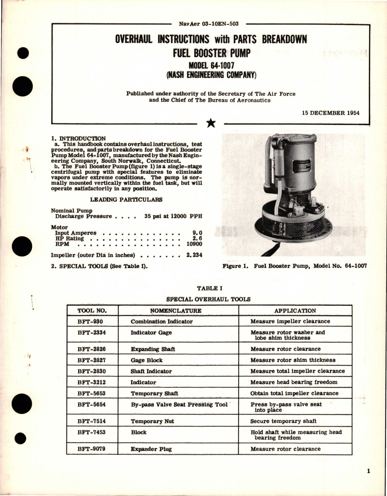 Sample page 1 from AirCorps Library document: Overhaul Instructions with Parts Breakdown for Fuel Booster Pump - Model 64-1007