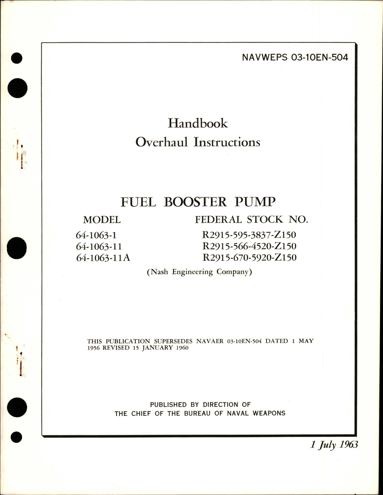 Sample page 1 from AirCorps Library document: Overhaul Instructions for Fuel Booster Pump - Models 64-1063-1, 64-1063-11, and 641063-11A