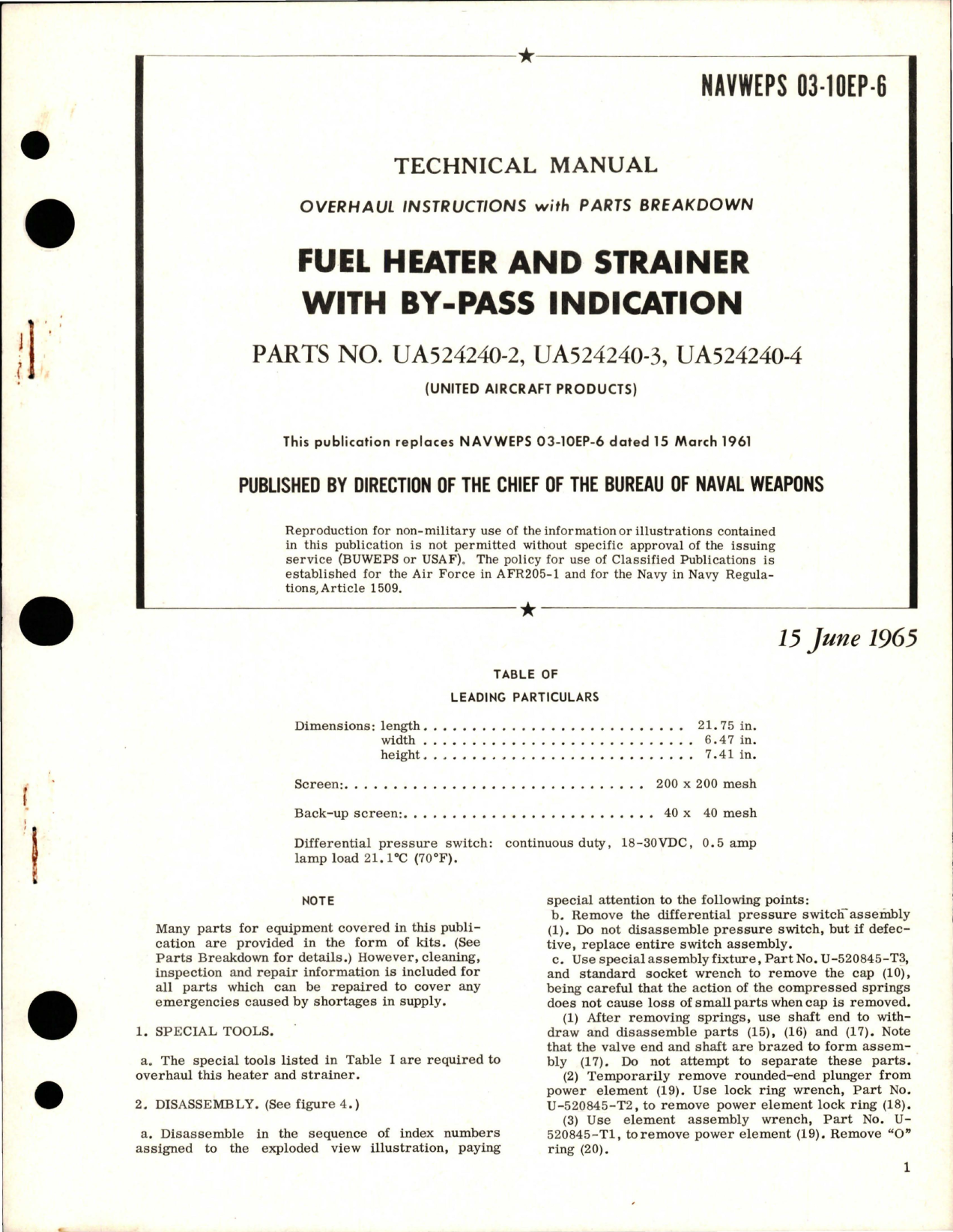 Sample page 1 from AirCorps Library document: Overhaul Instructions with Parts Breakdown for Fuel Heater and Strainer with By-Pass Indication - Parts UA524240-2, UA524240-3, and UA-524240-4