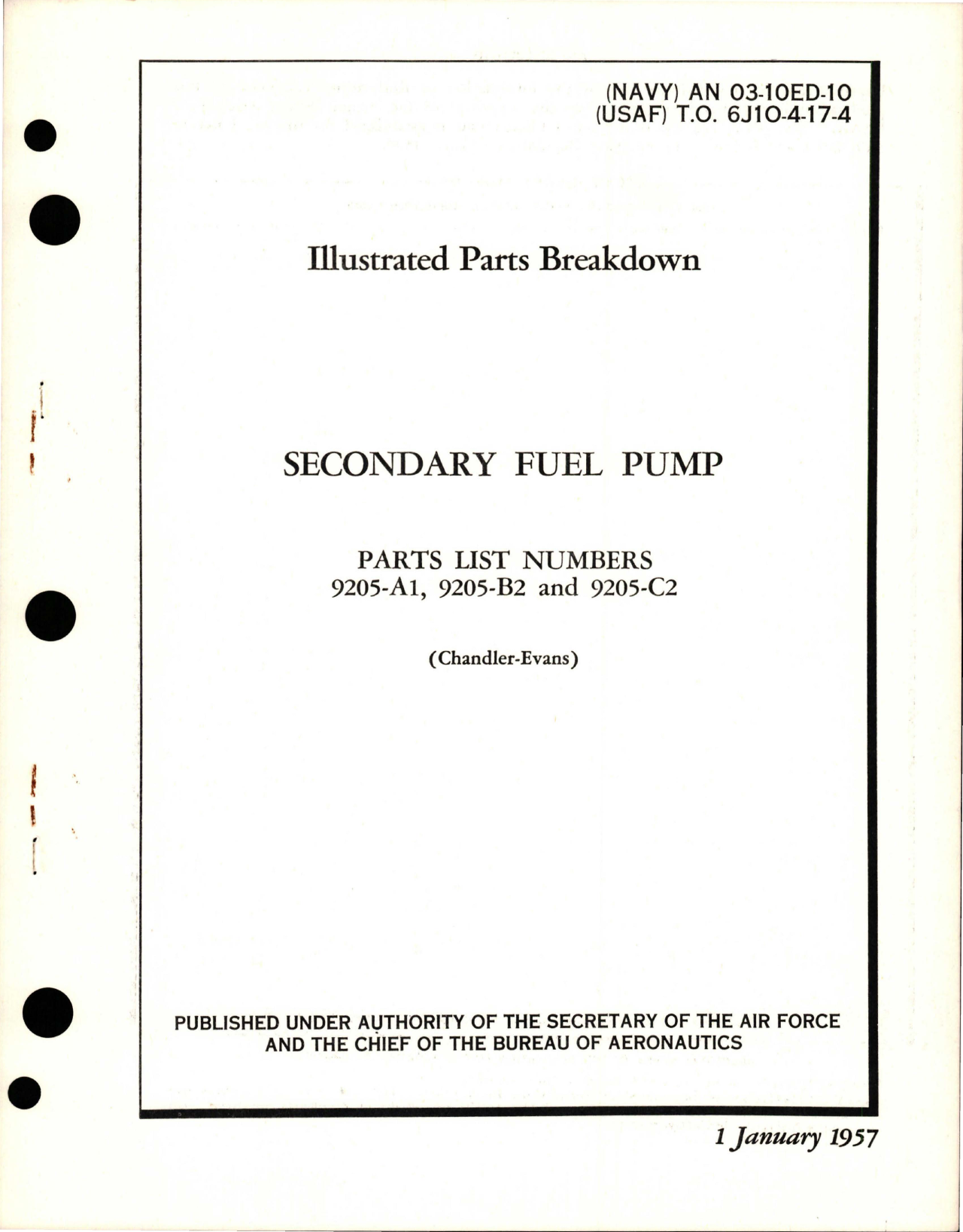Sample page 1 from AirCorps Library document: Illustrated Parts Breakdown for Secondary Fuel Pump - Parts List 9205-A1, 9205-B2, and 9205-C2
