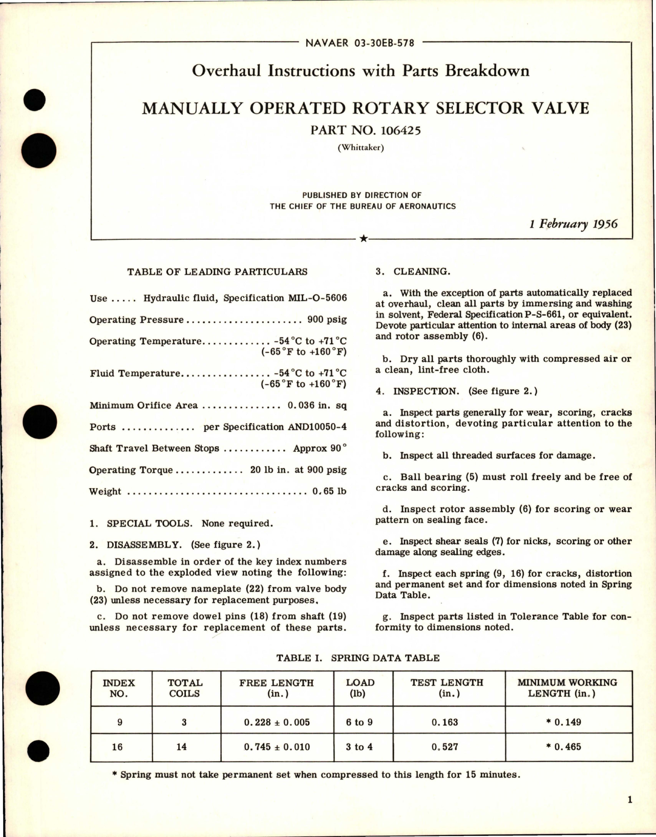 Sample page 1 from AirCorps Library document: Overhaul Instructions with Parts for Manually Operated Rotary Selector Valve - Part 106425
