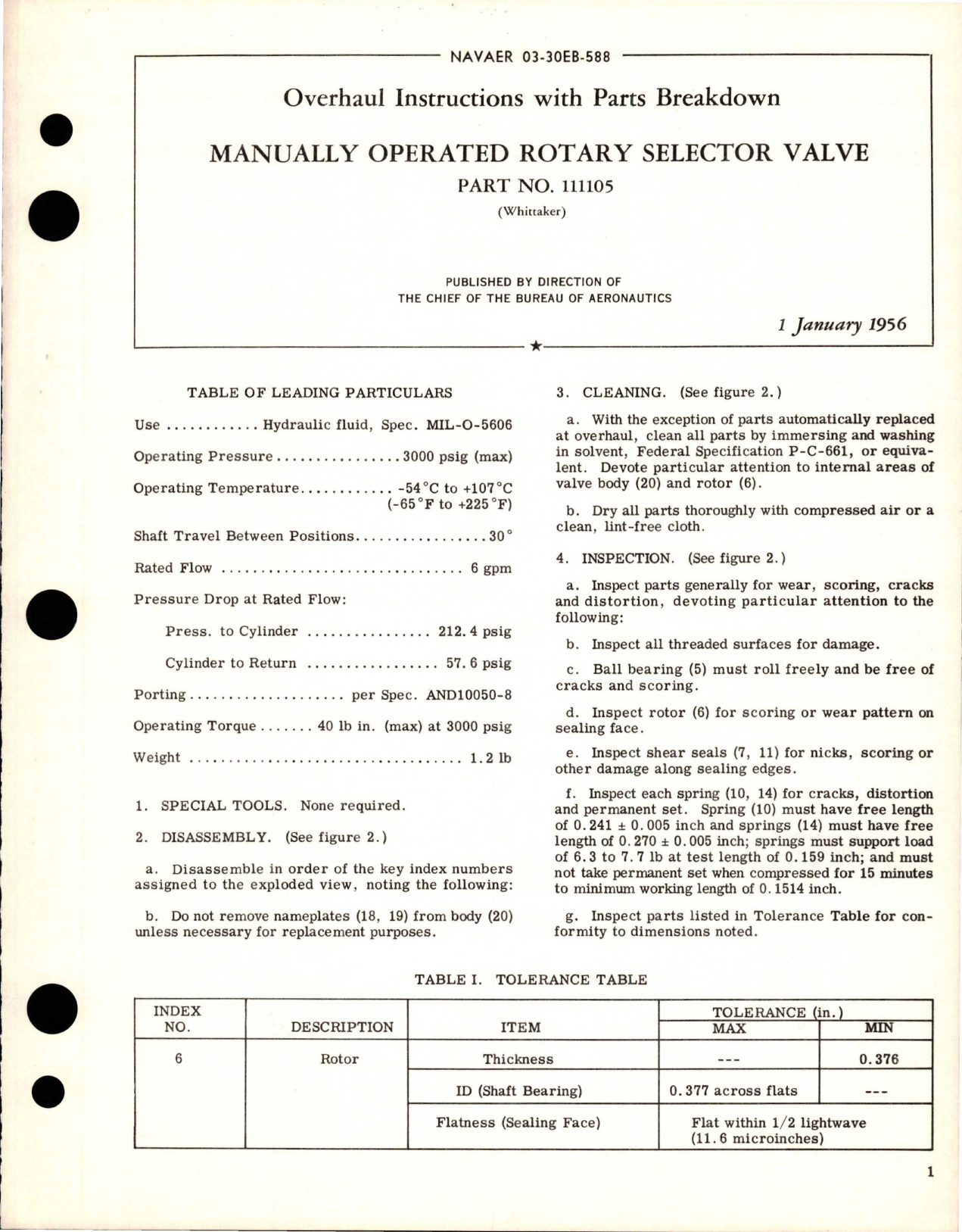 Sample page 1 from AirCorps Library document: Overhaul Instructions with Parts for Manually Operated Rotary Selector Valve - Part 111105