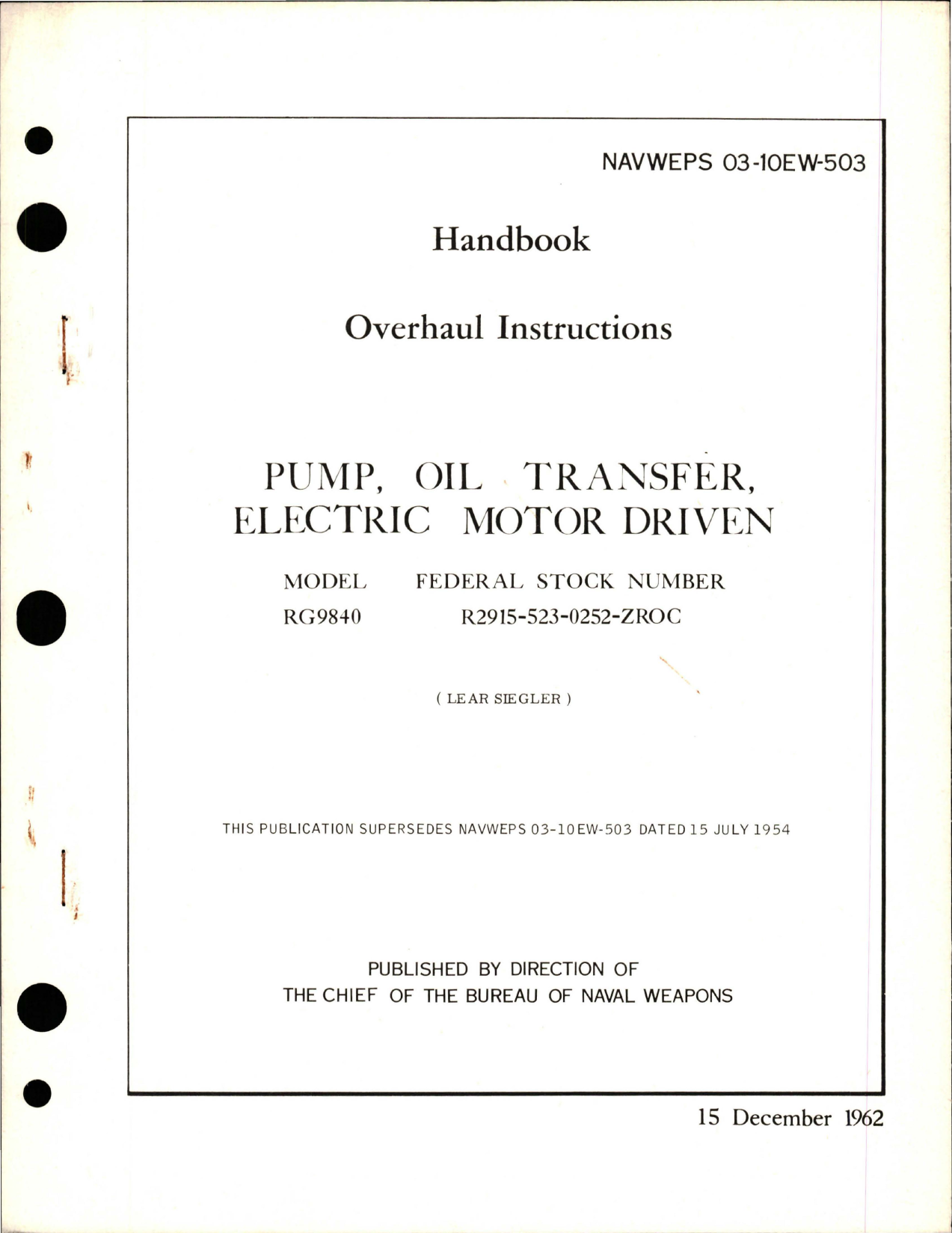 Sample page 1 from AirCorps Library document: Overhaul Instructions for Electric Motor Driven Oil Transfer Pump - Model RG984