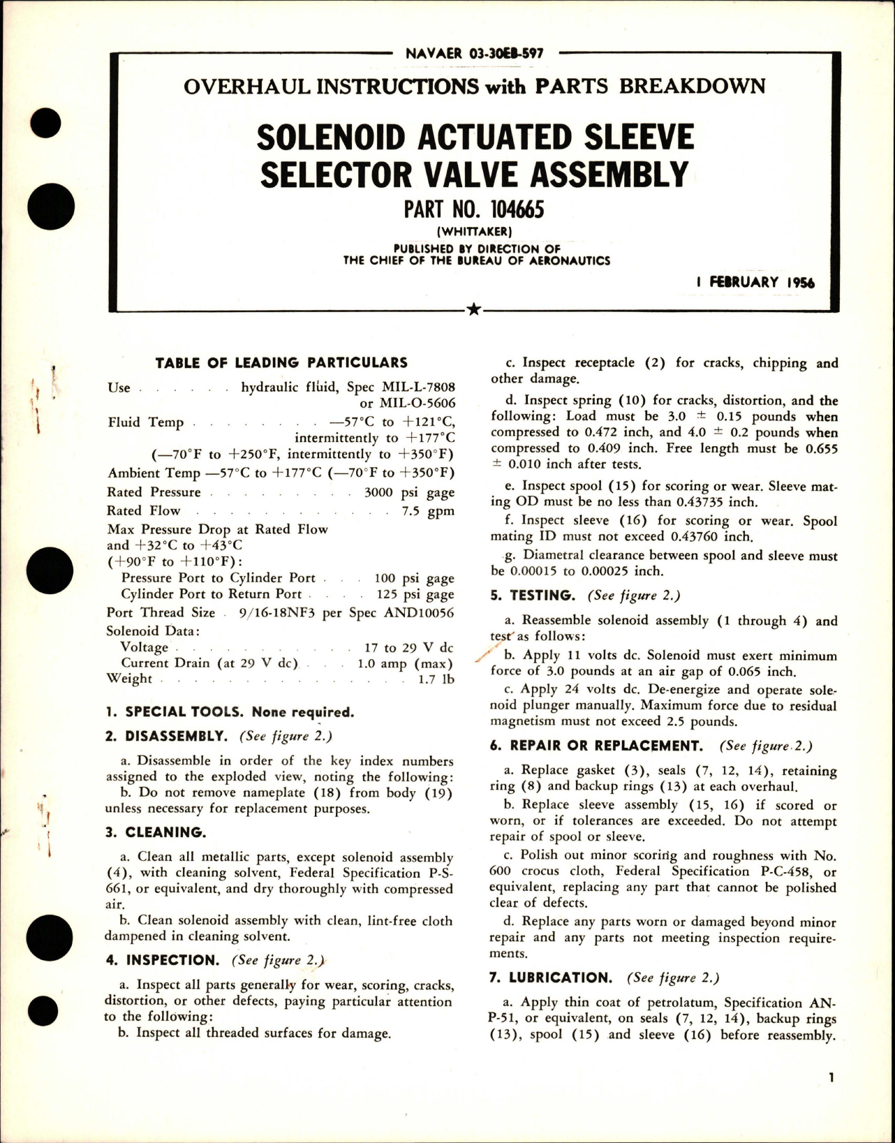 Sample page 1 from AirCorps Library document: Overhaul Instructions with Parts for Solenoid Actuated Sleeve Selector Valve Assembly - Part 104665