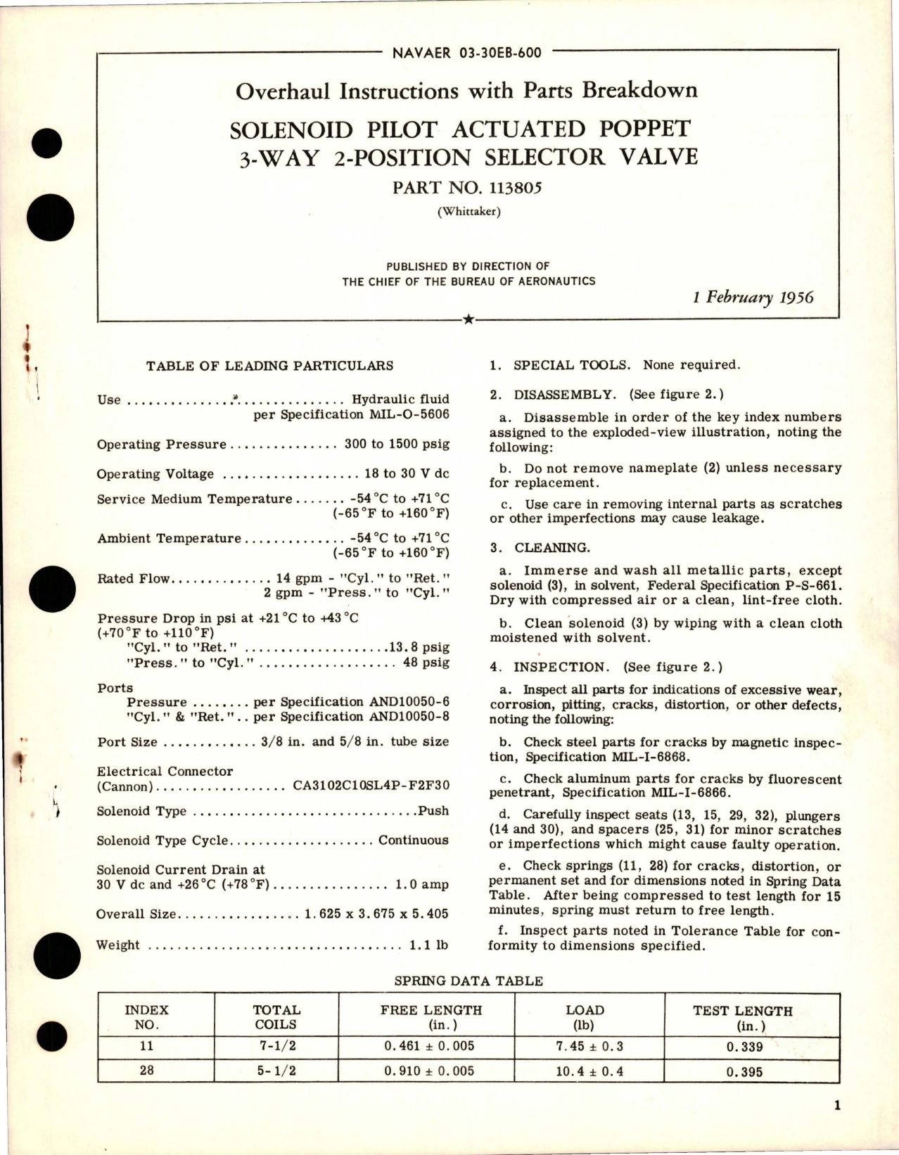 Sample page 1 from AirCorps Library document: Overhaul Instructions with Parts for Solenoid Pilot Actuated Poppet 3 Way 2 Position Selector Valve - Part 113805