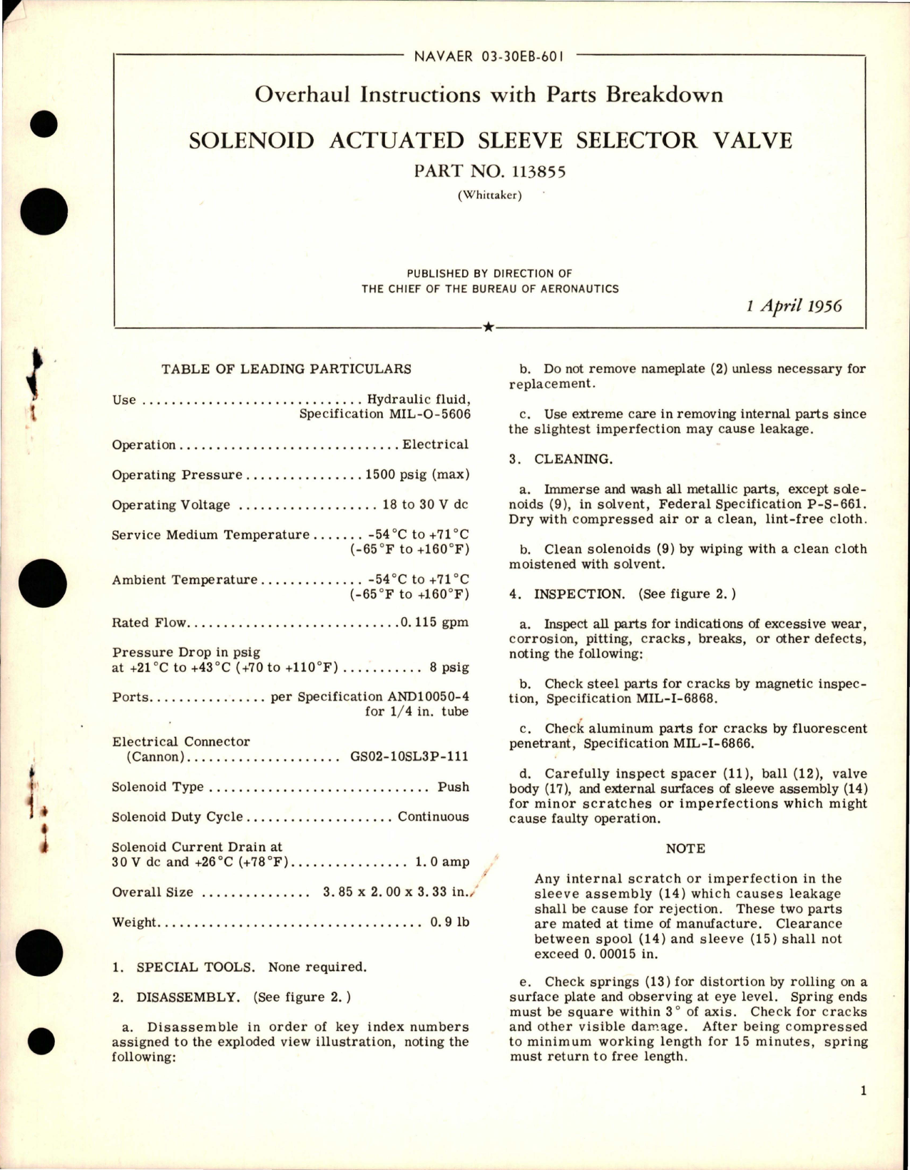 Sample page 1 from AirCorps Library document: Overhaul Instructions with Parts for Solenoid Actuated Sleeve Selector Valve - Part 113855