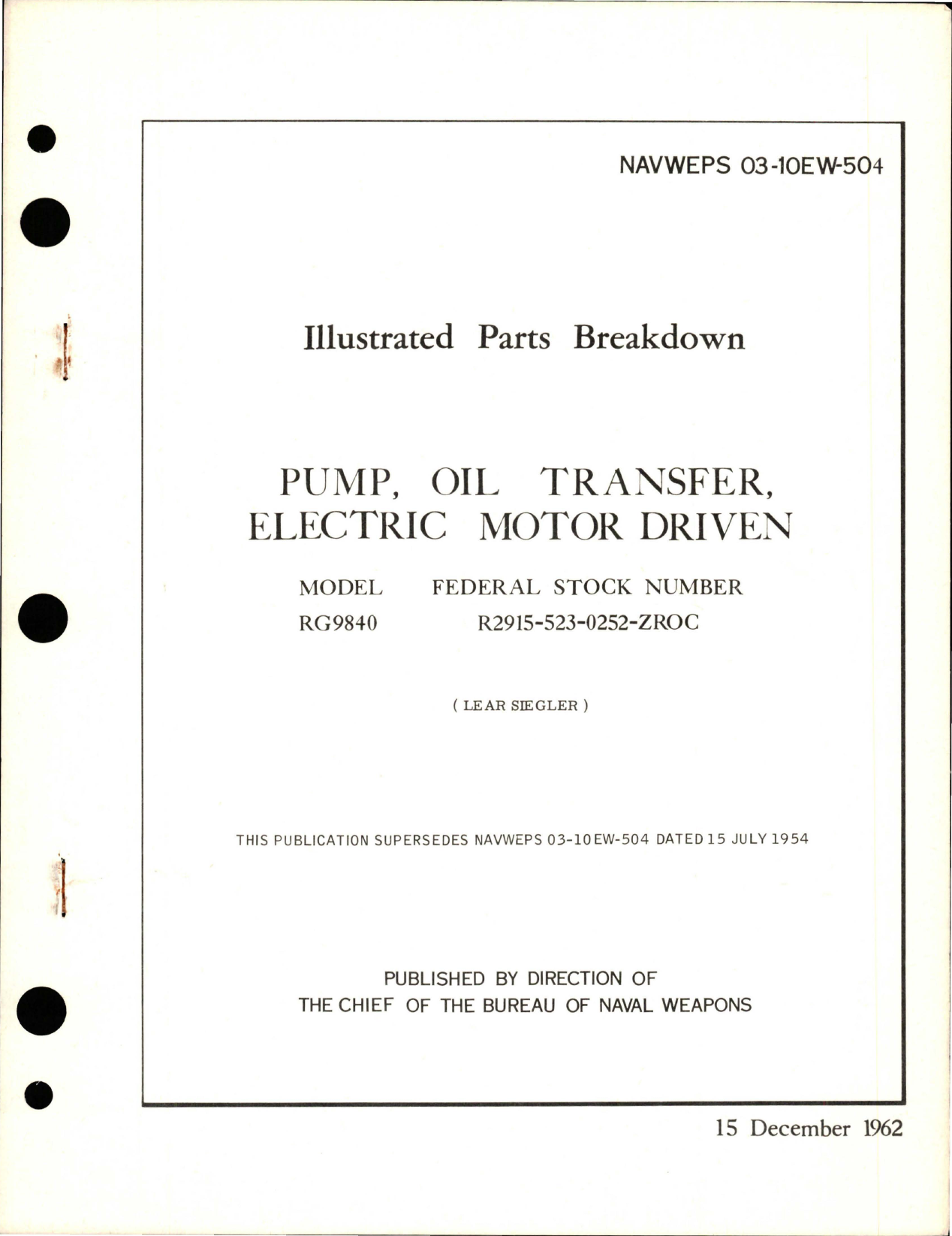 Sample page 1 from AirCorps Library document: Illustrated Parts Breakdown for Electric Motor Driven Oil Transfer Pump - Model RG9840