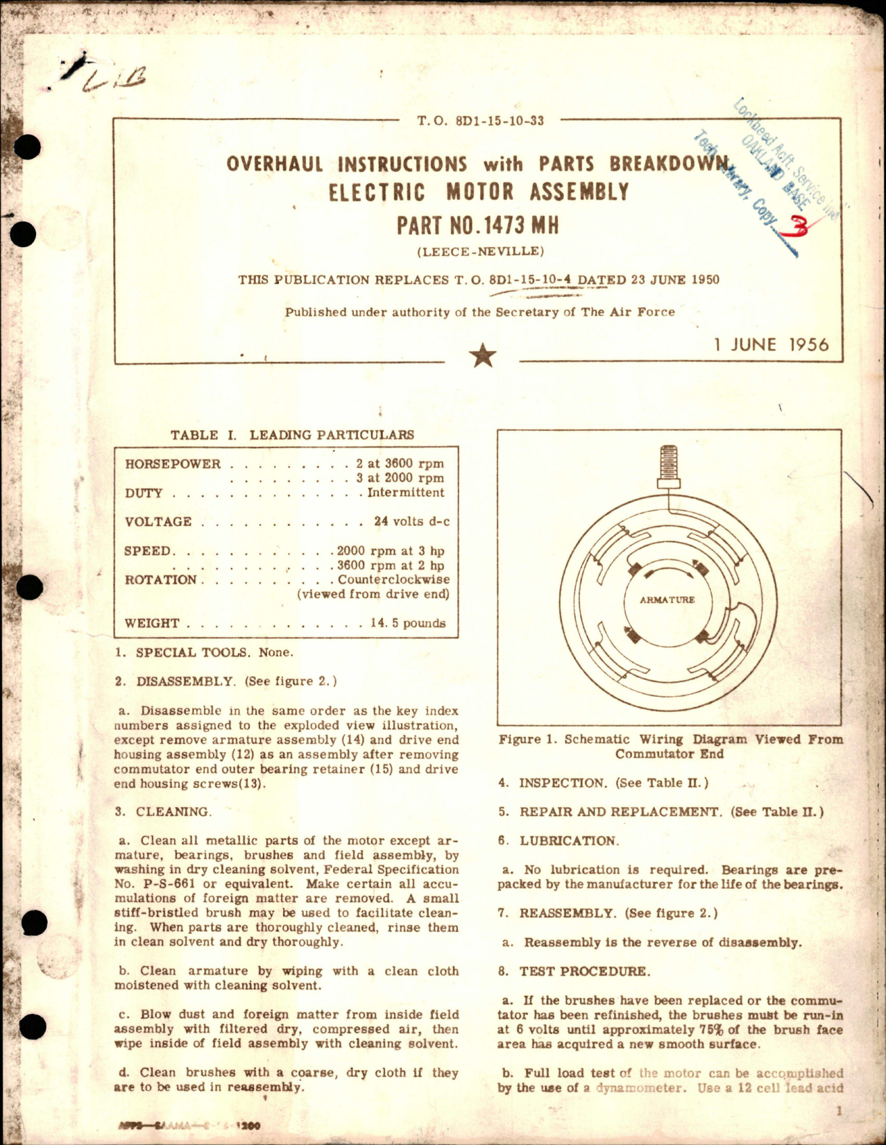 Sample page 1 from AirCorps Library document: Overhaul Instructions with Parts for Electric Motor Assembly - Part 1473 MH