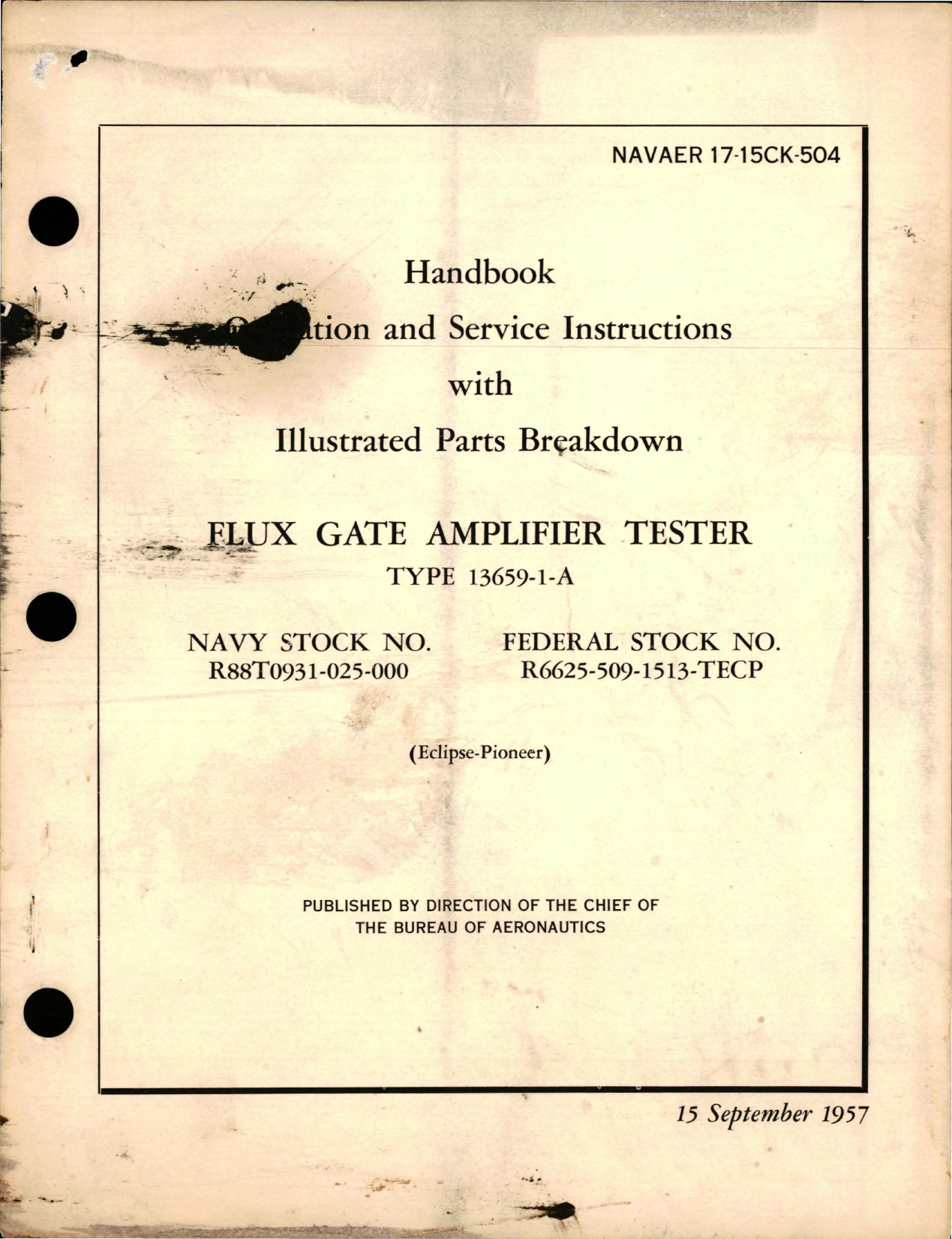 Sample page 1 from AirCorps Library document: Operation and Service Instructions with Illustrated Parts for Flux Gate Amplifier Tester - Type 13659-1-A