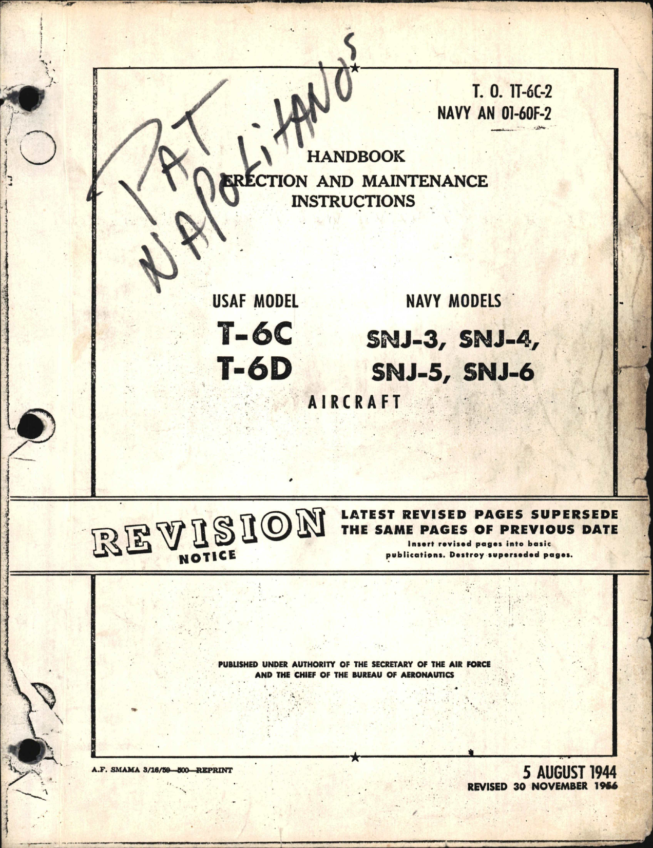 Sample page 1 from AirCorps Library document: Erection & Maintenance Instructions for T-6C, T-6D, SNJ-3, SNJ-4, SNJ-5, and SNJ-6