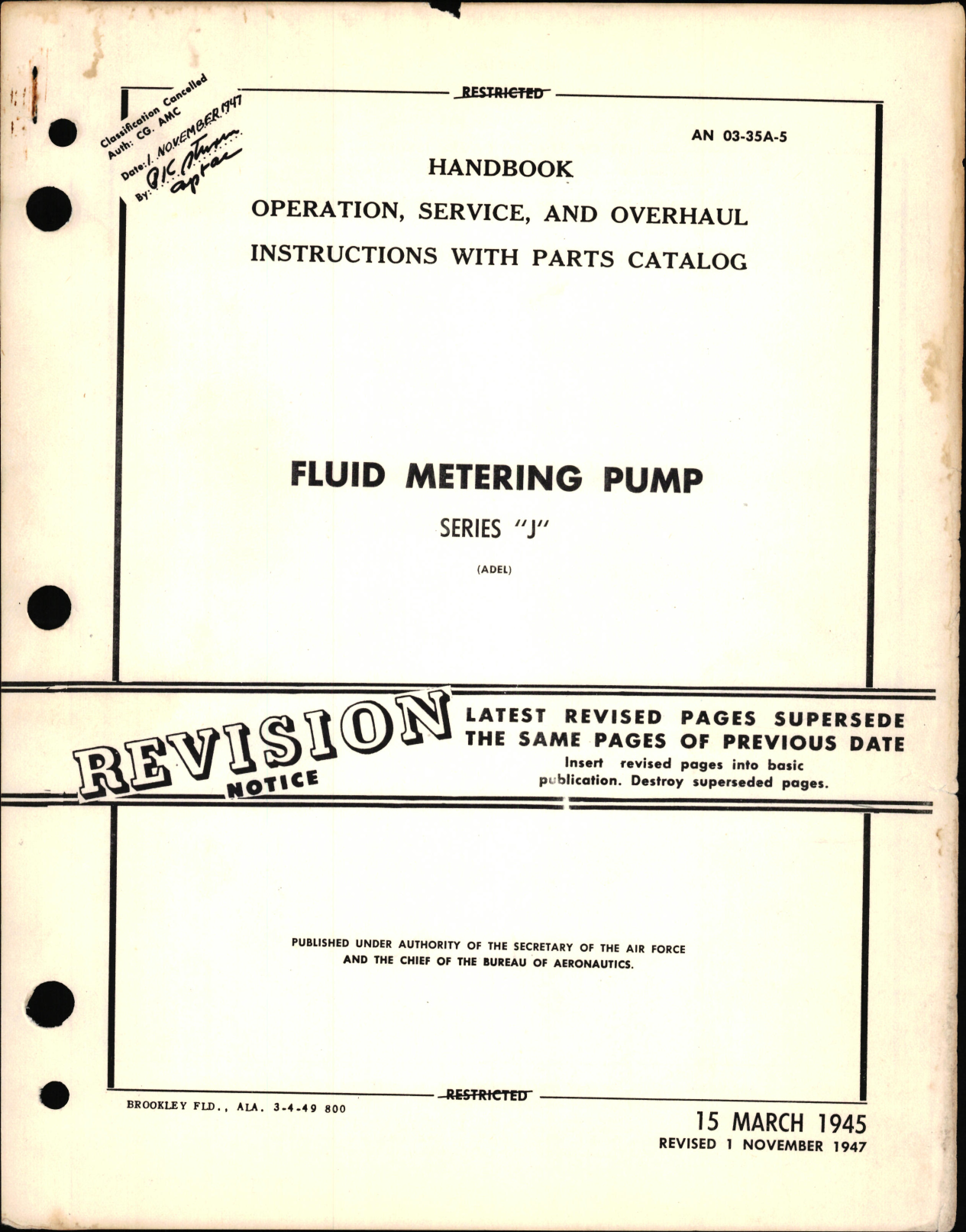 Sample page 1 from AirCorps Library document: Operation, Service, & Overhaul Instructions with Parts Catalog for Fluid Metering Pump Series J