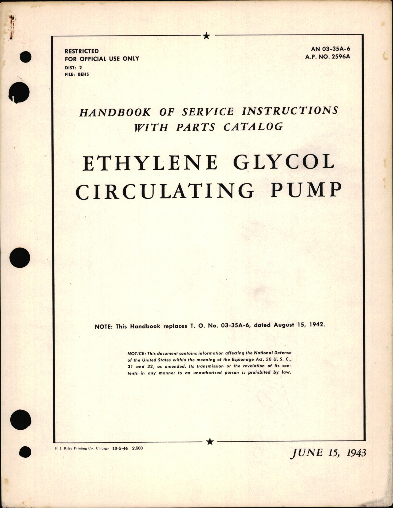 Sample page 1 from AirCorps Library document: Service Instructions with Parts Catalog for Ethylene Glycol Circulating Pump