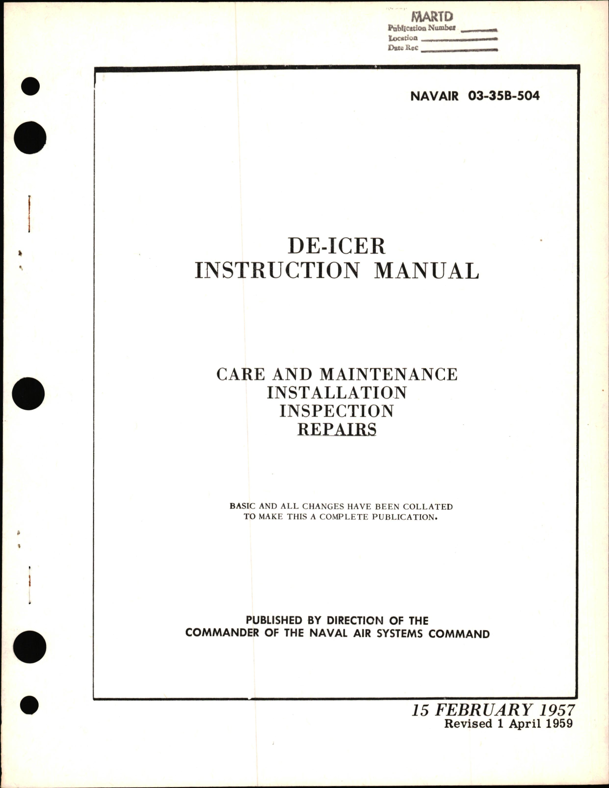 Sample page 1 from AirCorps Library document:  De-Icer Instruction Manual Care & Maintenance, Installation, Inspection, & Repairs