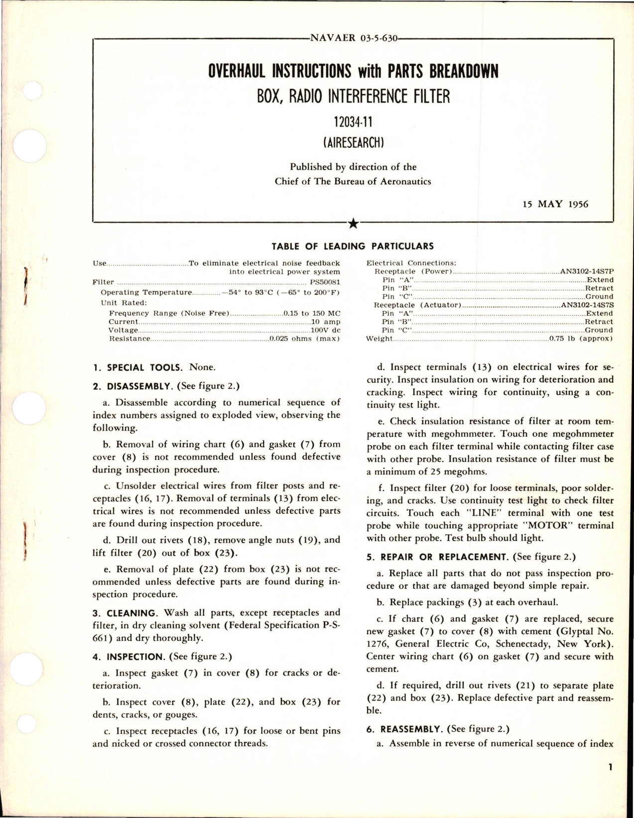 Sample page 1 from AirCorps Library document: Overhaul Instructions with Parts Breakdown for Radio Interference Filter Box - 12034-11