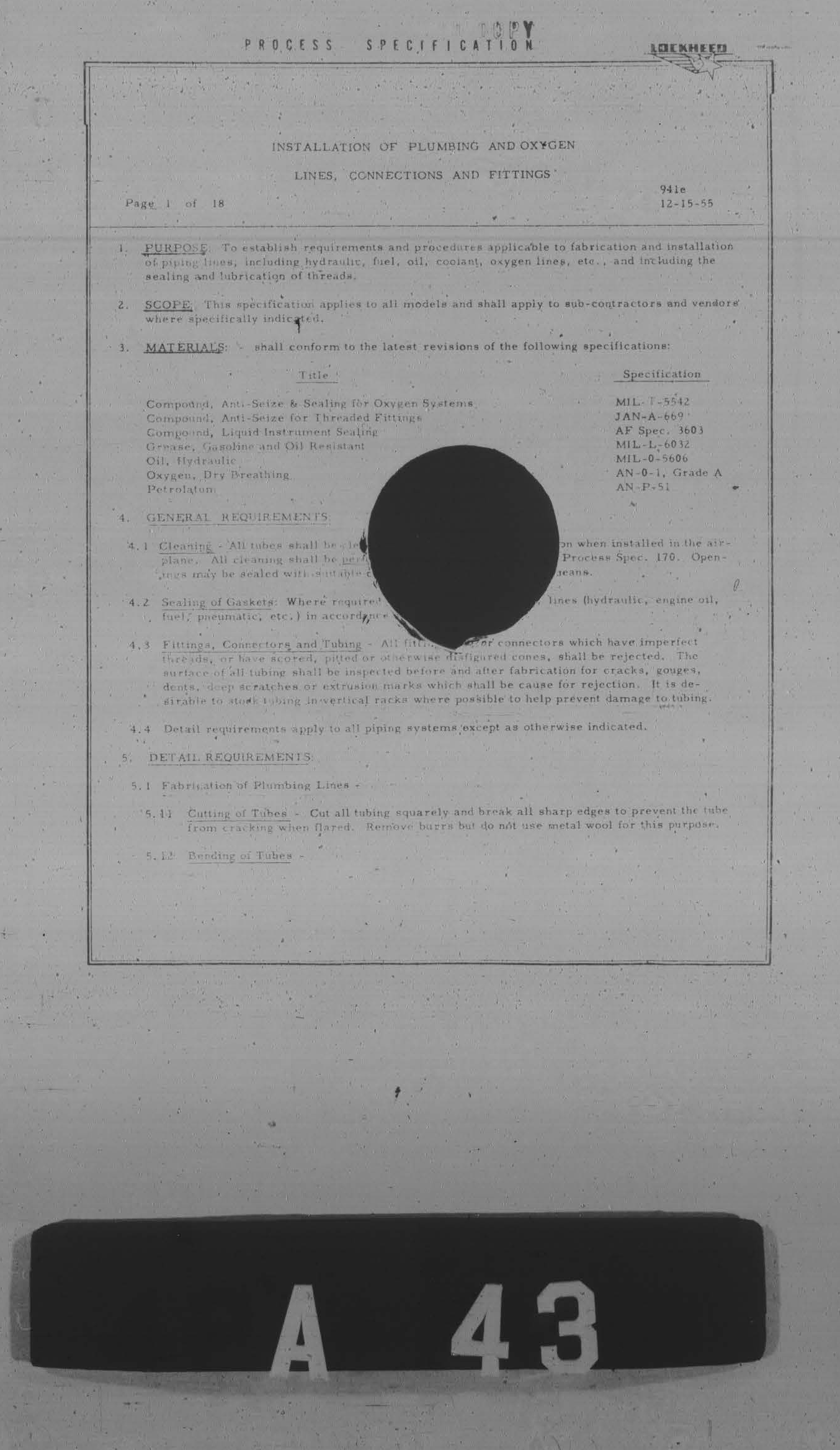 Sample page 1 from AirCorps Library document: Installation of Plumbing and Oxygen Lines, Connections and Fittings