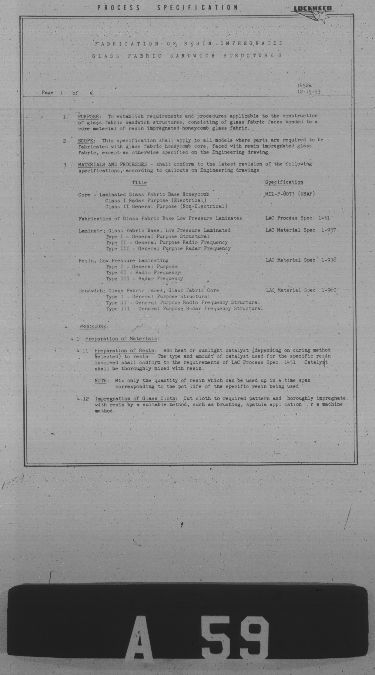 Sample page 1 from AirCorps Library document: Fabrication of Resin Impregnated Glass Fabric Sandwich Structures