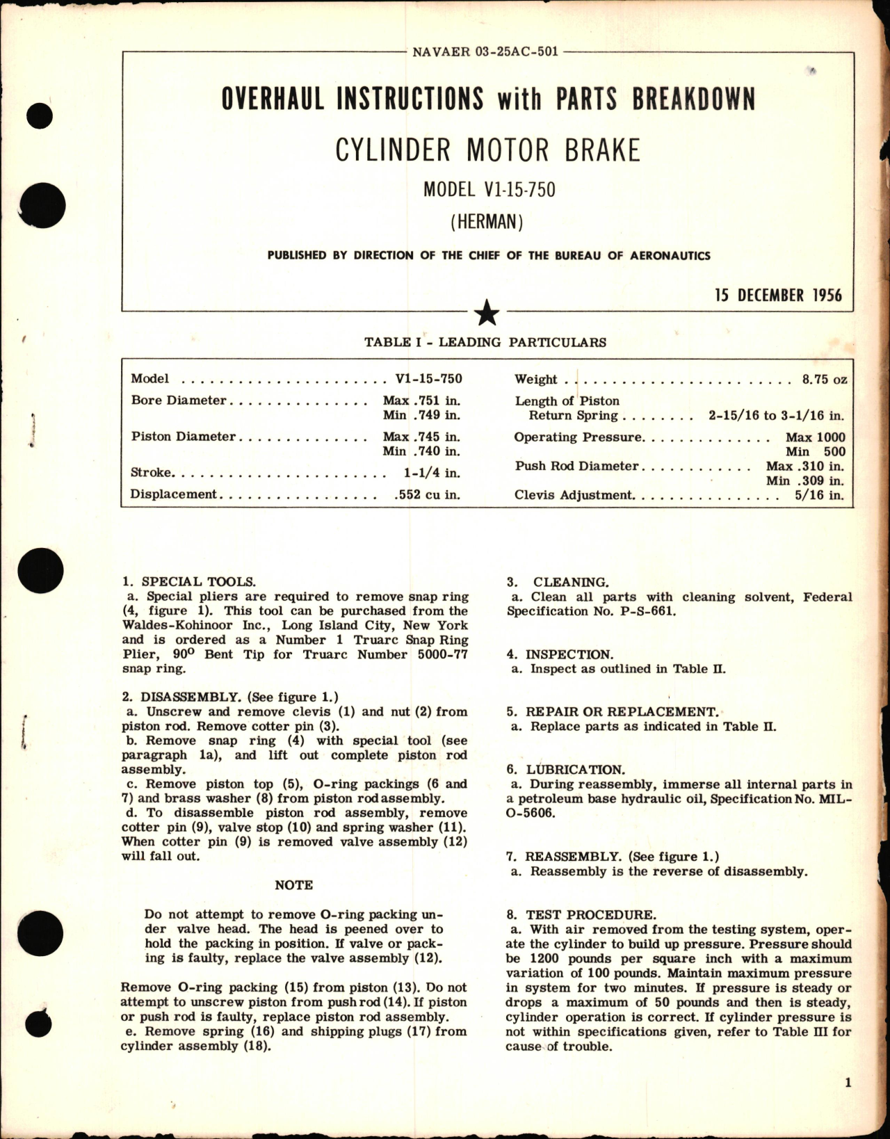 Sample page 1 from AirCorps Library document: Overhaul Instructions with Parts Breakdown for Cylinder Motor Brake Model V1-15-750 