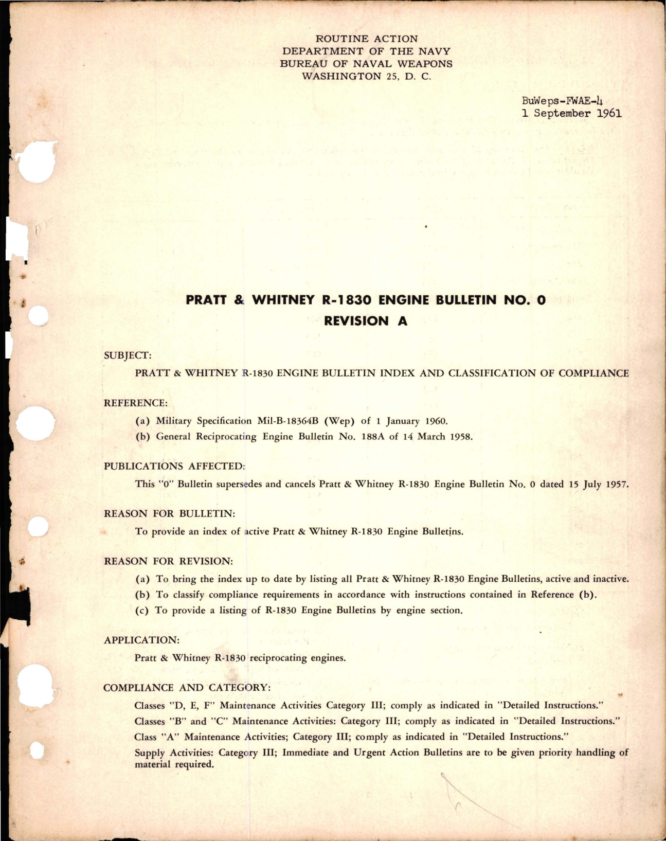 Sample page 1 from AirCorps Library document: Pratt & Whitney R-1830 Bulletin Index and Classification of Compliance