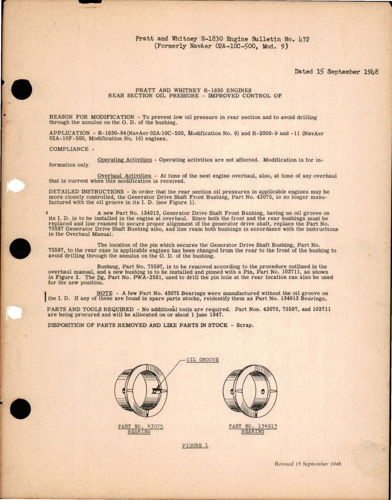 Sample page 1 from AirCorps Library document: Prevent Low Oil Pressure in Rear Section and to Avoid Drilling Through Annulus on the O.D. of the Bushing