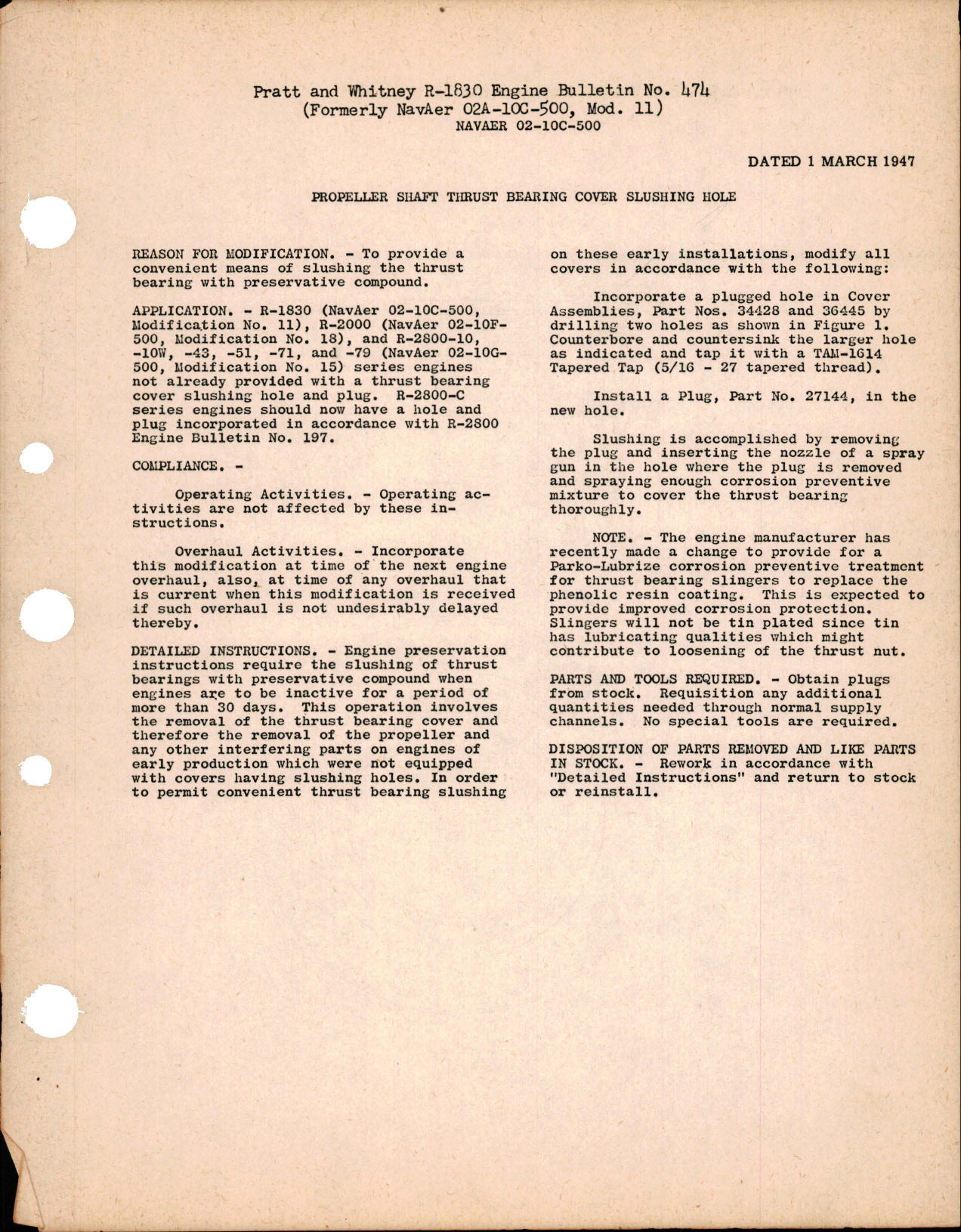 Sample page 1 from AirCorps Library document: Propeller Shaft Thrust Bearing Cover Slushing Hole