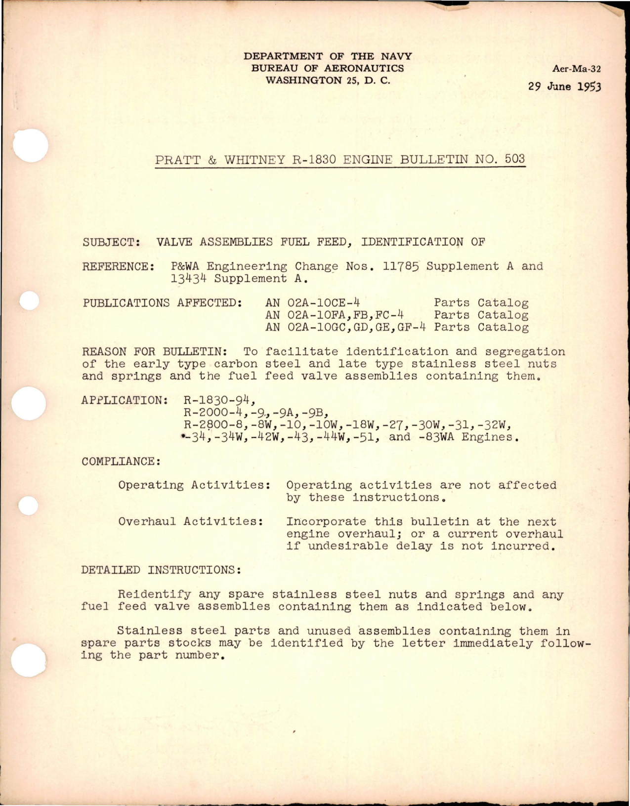 Sample page 1 from AirCorps Library document: Identification of Valve Assemblies Fuel Feed