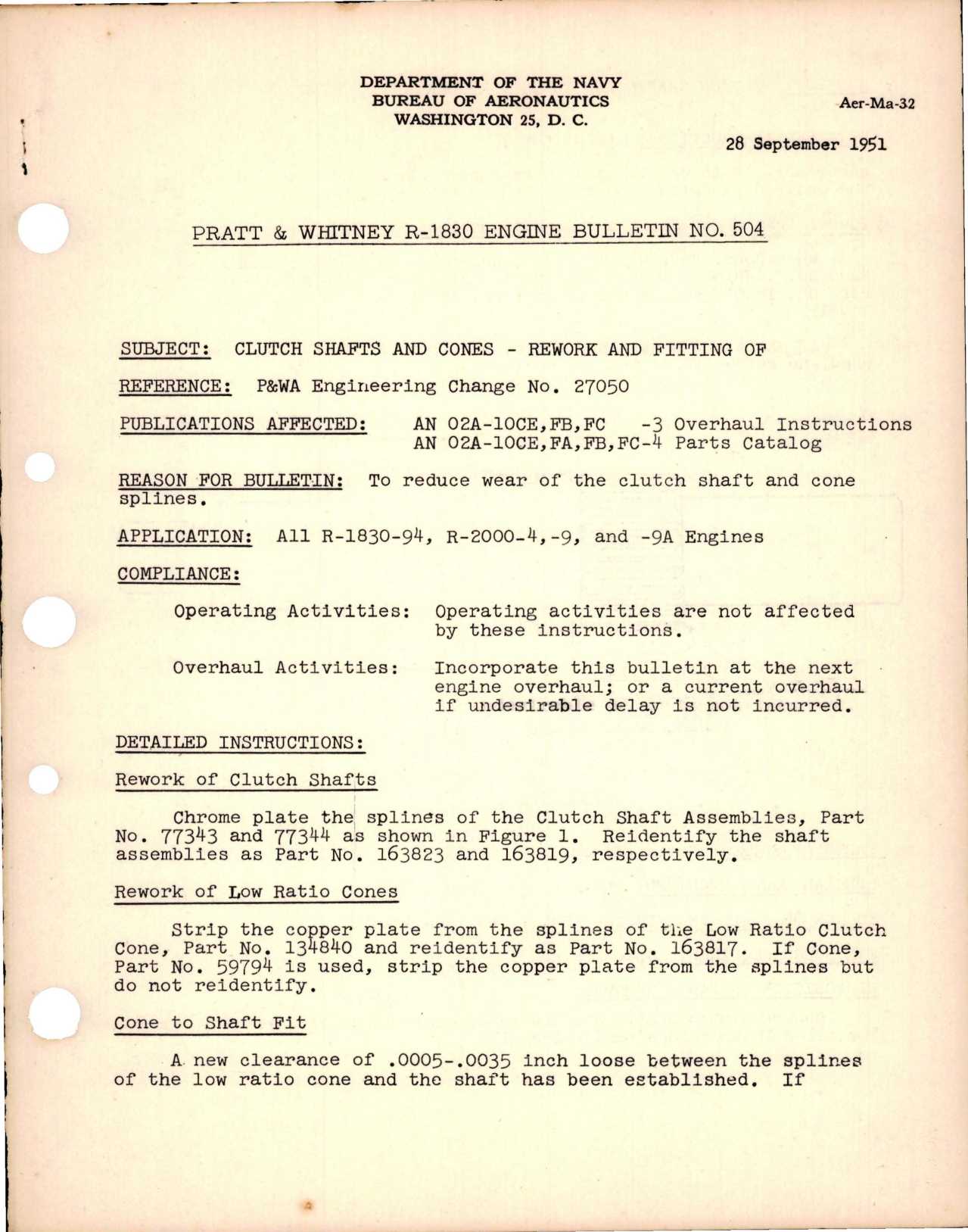 Sample page 1 from AirCorps Library document: Rework and Fitting of Clutch Shafts & Cones