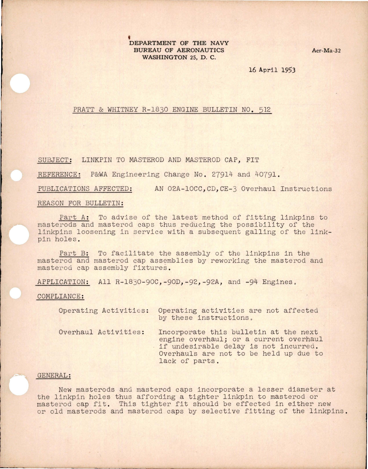 Sample page 1 from AirCorps Library document: Fit Linkpin to Masterod and Masterod CAP