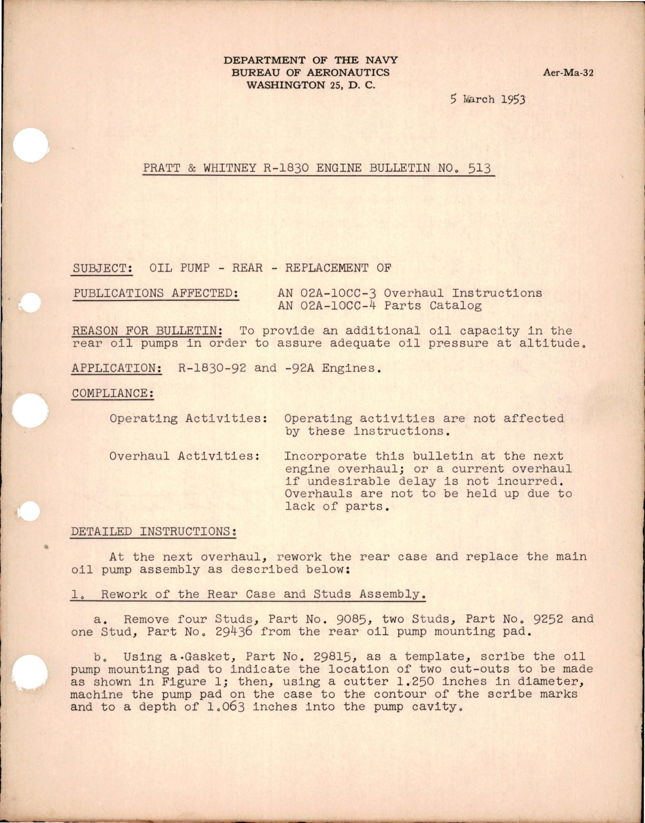 Sample page 1 from AirCorps Library document: Replacement of Rear Oil Pump