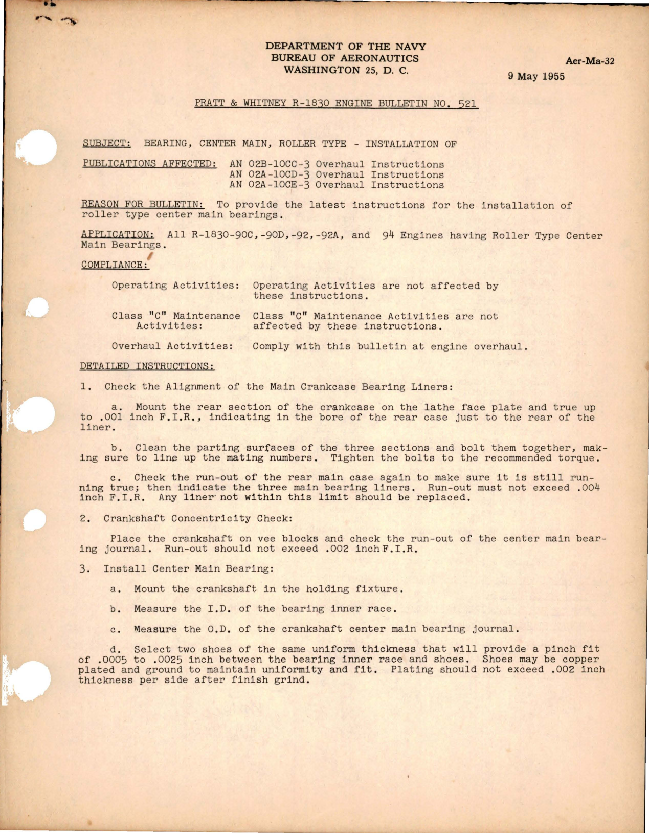 Sample page 1 from AirCorps Library document: Installation of Roller Type Center Main Bearing