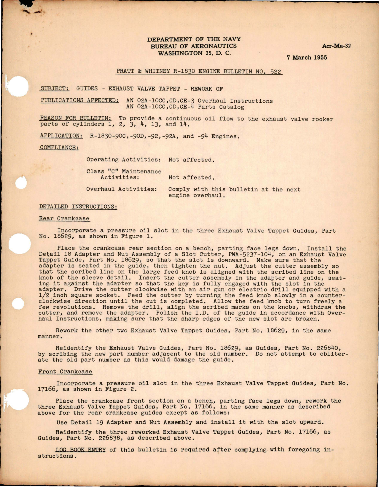 Sample page 1 from AirCorps Library document: Rework of Exhaust Valve Tappet Guides