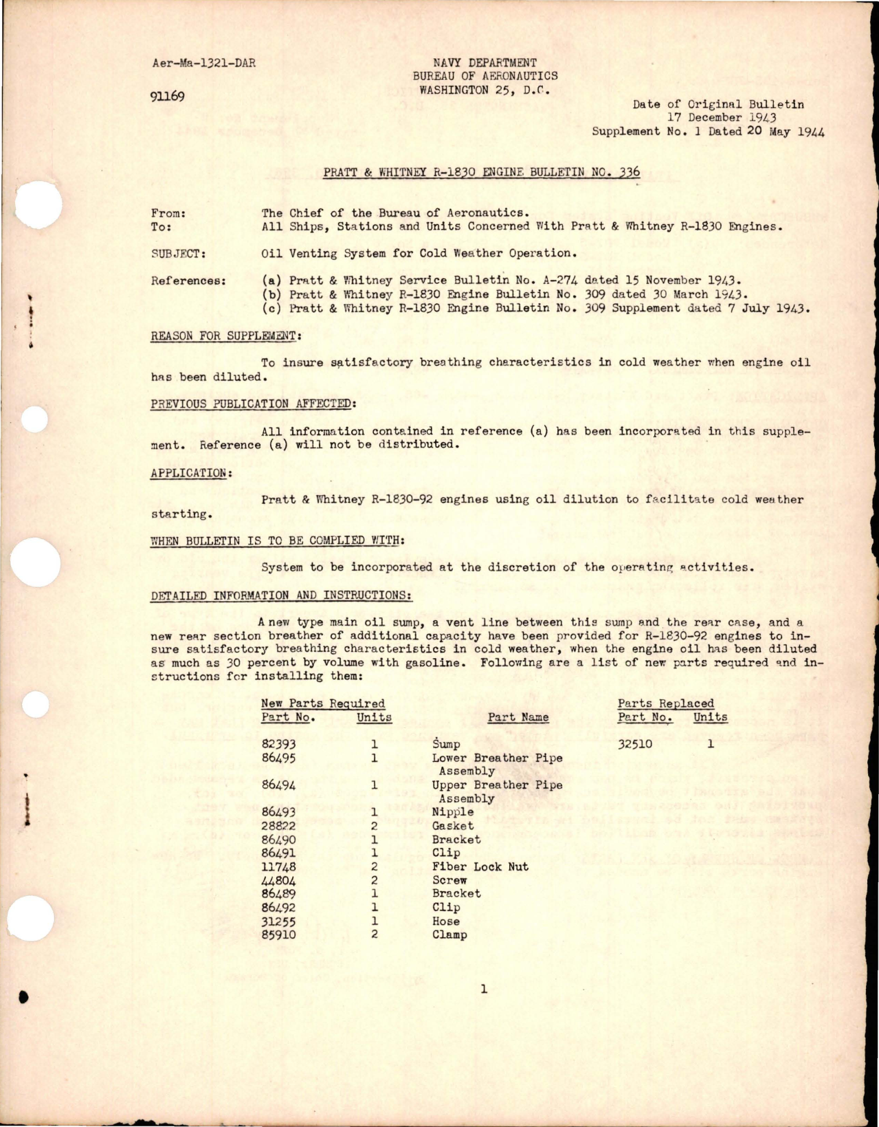 Sample page 1 from AirCorps Library document: Oil Venting System for Cold Weather Operation 