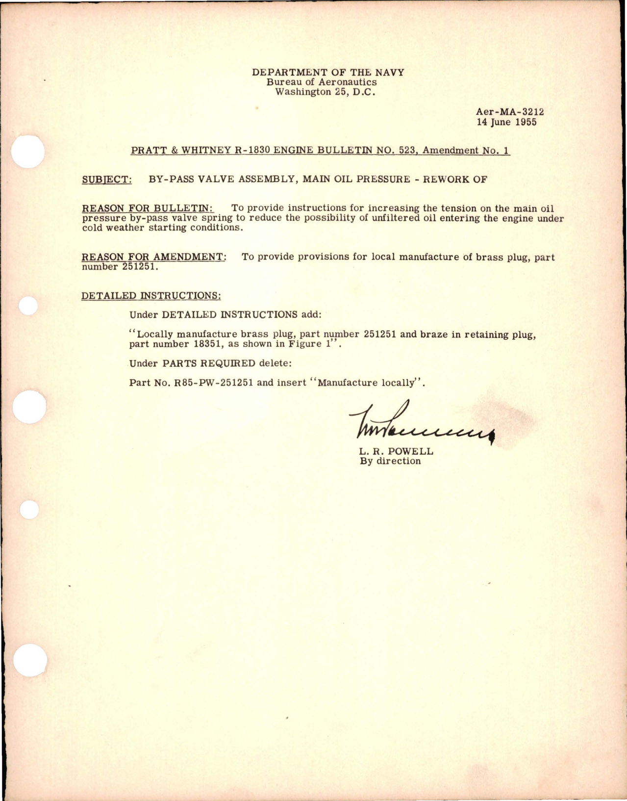 Sample page 1 from AirCorps Library document: Rework of Main Oil Pressure By-Pass Valve Assembly