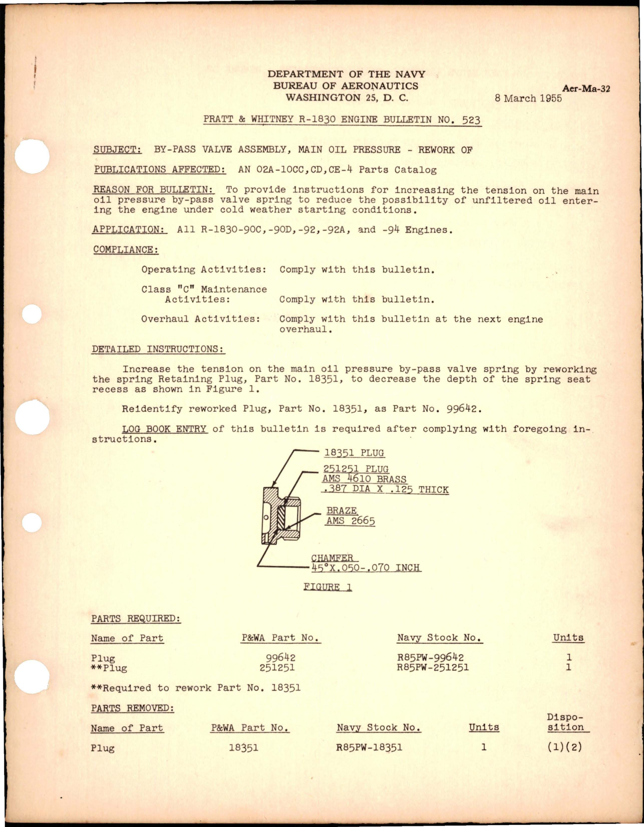 Sample page 1 from AirCorps Library document: Rework of Main Oil Pressure By-Pass Valve Assembly