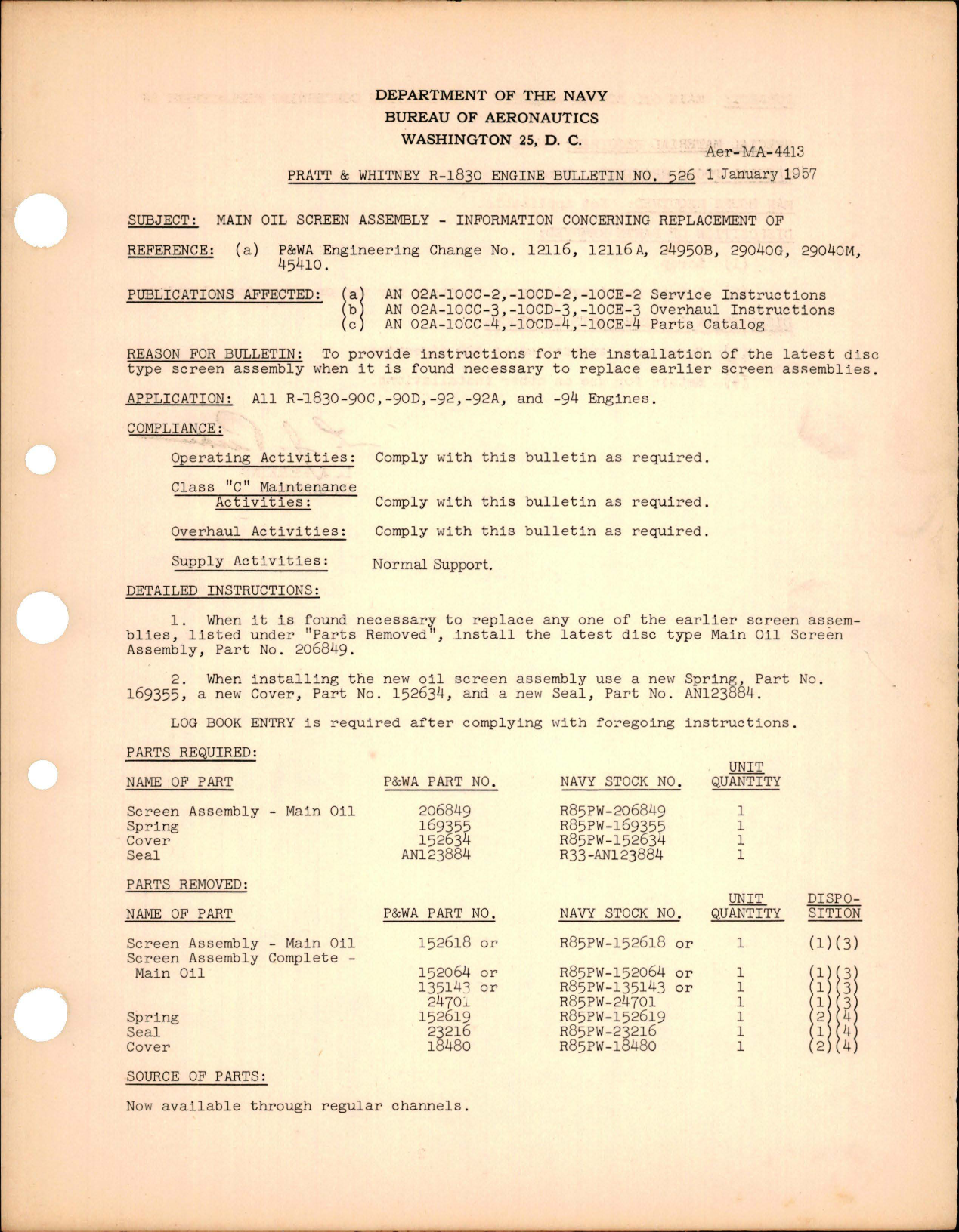 Sample page 1 from AirCorps Library document: Information Concerning Replacement of Main Oil Screen Assembly